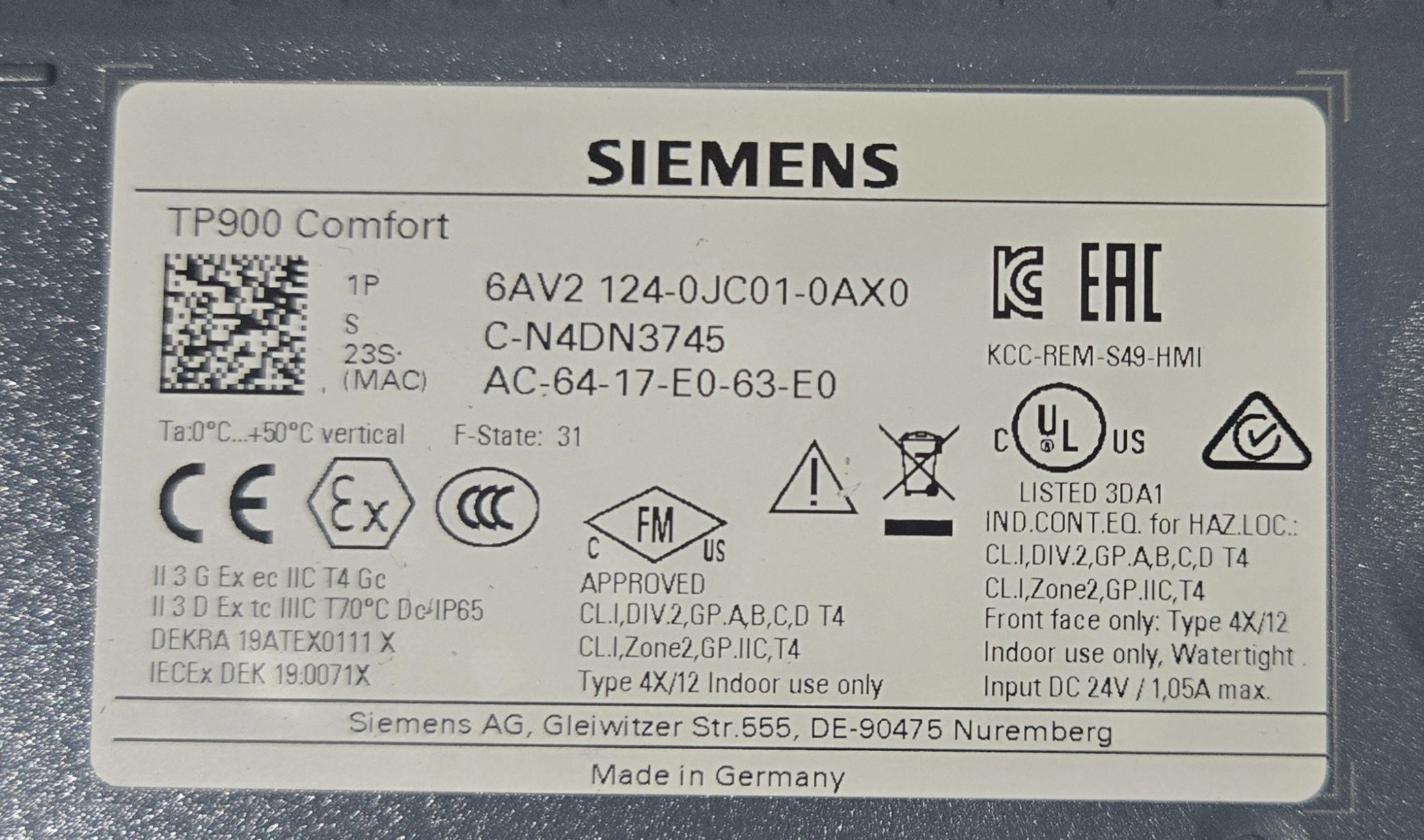 SIEMENS 6AV2-124-0JC01-0AX0 HMI w/ Control Panel USED 2
