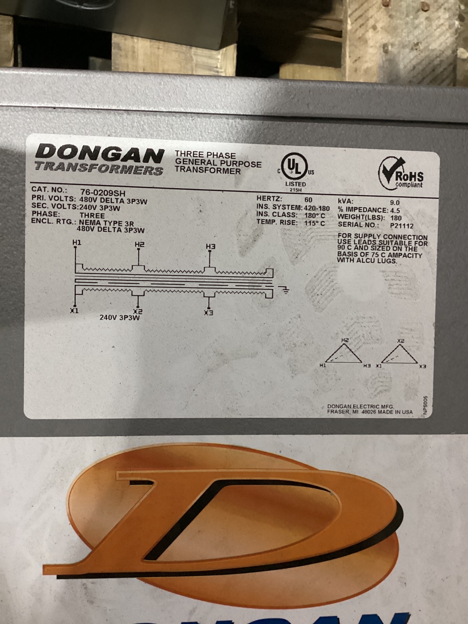 DONGAN 76‑0209SH 9 KVA Transformer 480V - 240V USED 2