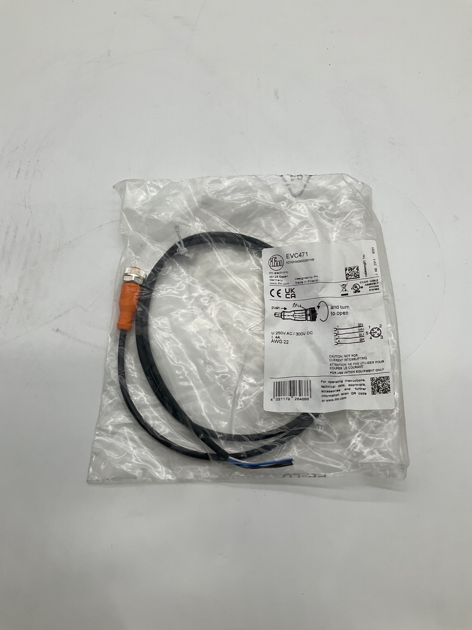 IFM EVC471 M12 Female 5-Pin 1M PUR Connection Cable Flying Leads NEW 0
