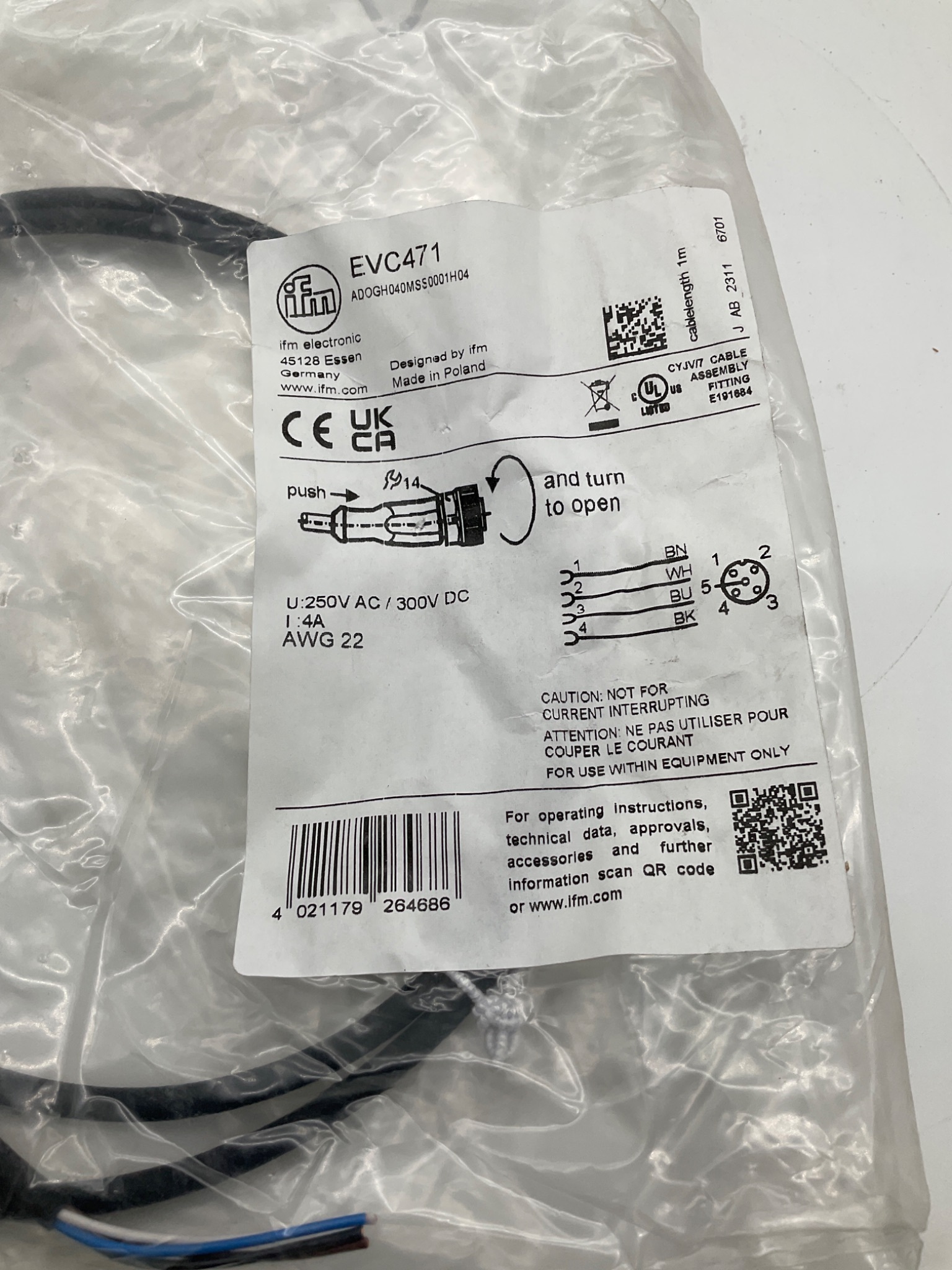 IFM EVC471 M12 Female 5-Pin 1M PUR Connection Cable Flying Leads NEW 1
