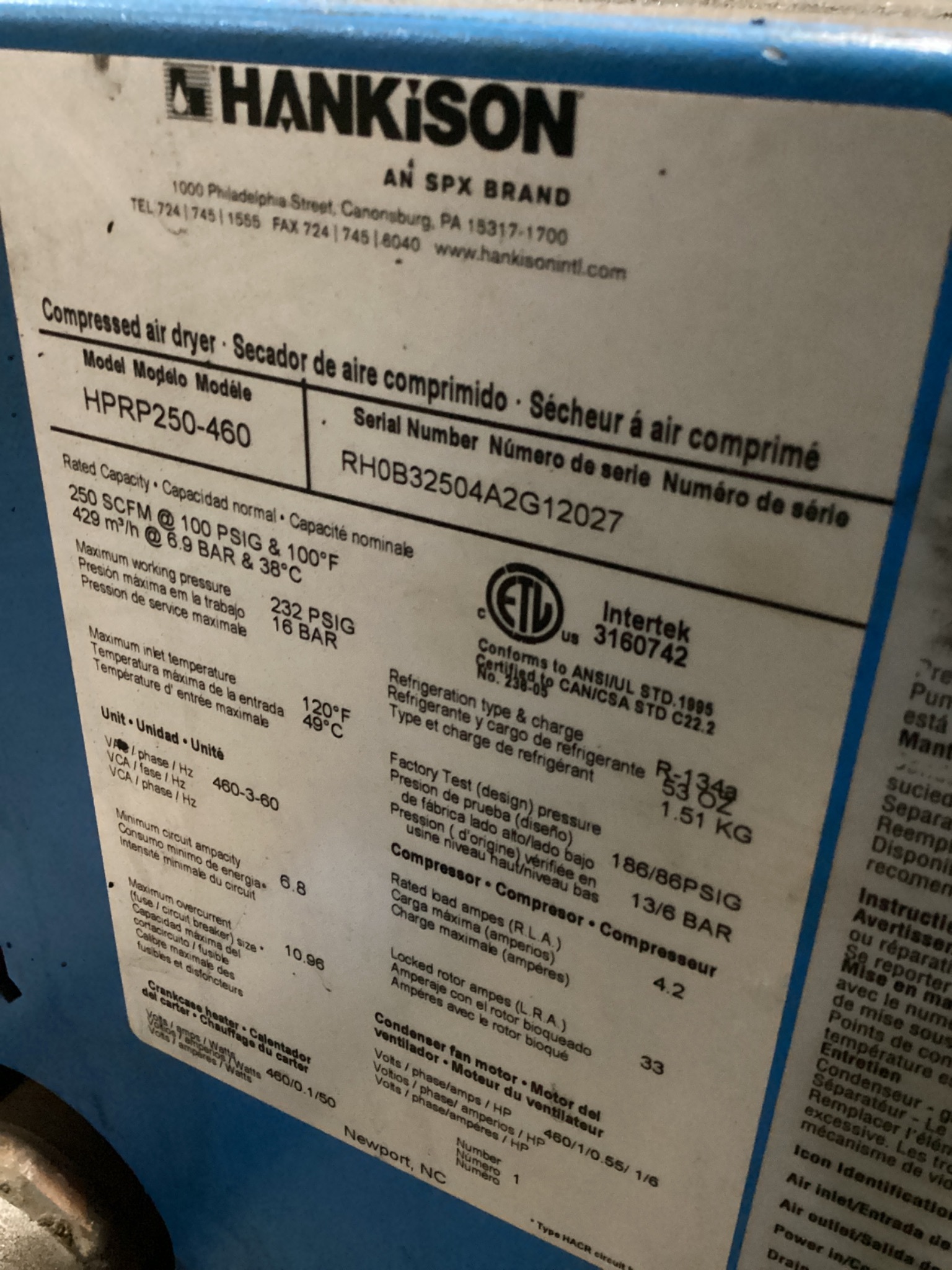 Hankison HPRP250-460 Refrigerated Compressed Air Dryer USED 3