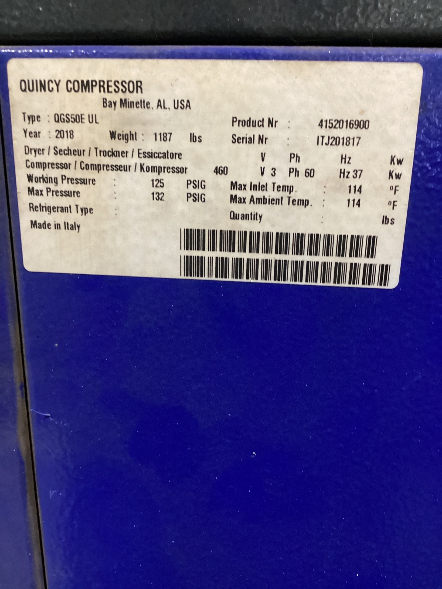 Quincy QGS50E UL Rotary Screw Air Compressor USED 3