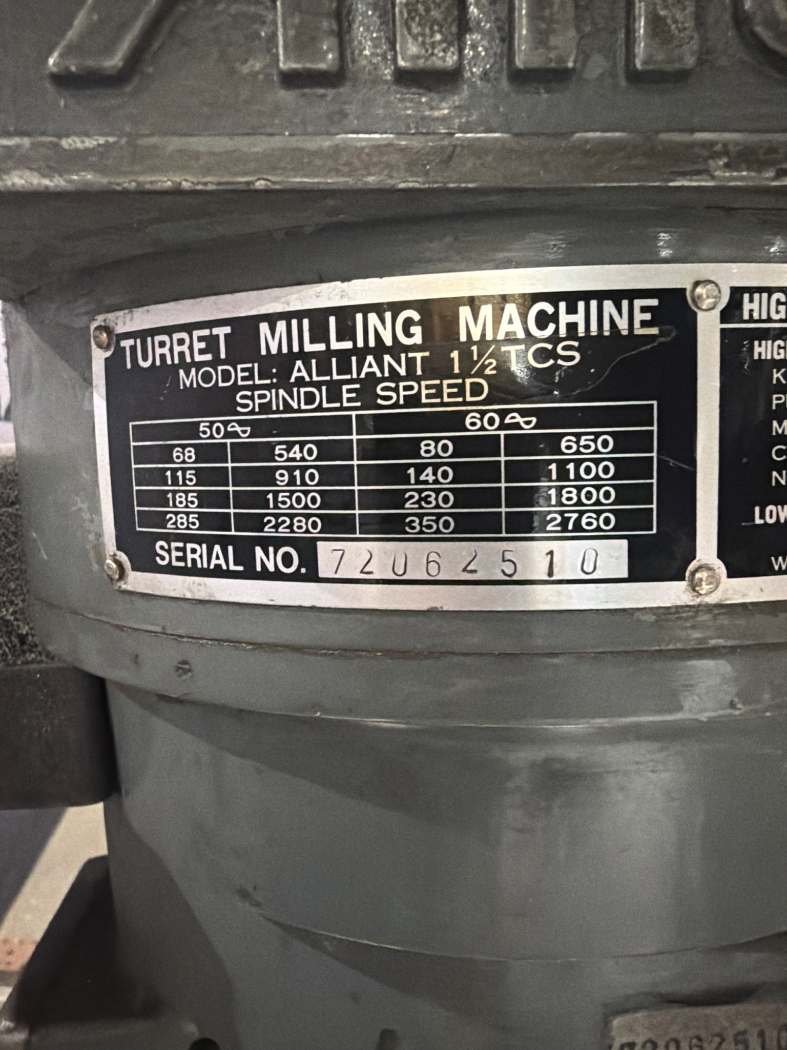 ALLIANT 1-1/2 TCS Vertical Turret Milling Machine w/ DRO & Power Feed USED 6