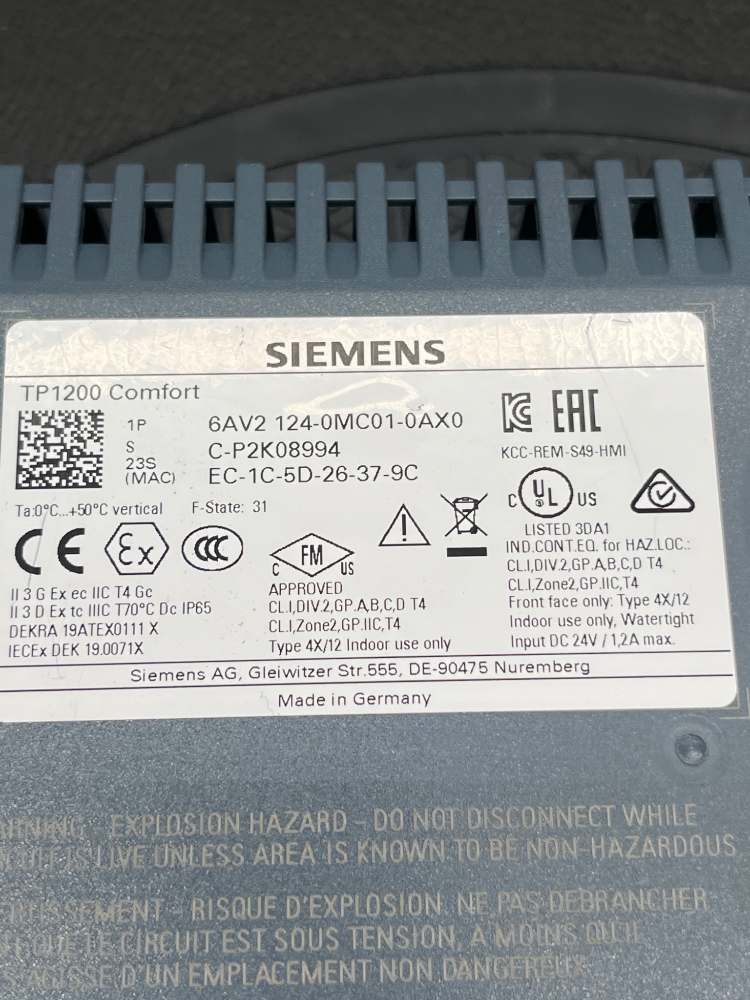 Siemens 6AV2124-0MC01-0AX0 SIMATIC HMI TP1200 Comfort Touch Panel USED 7