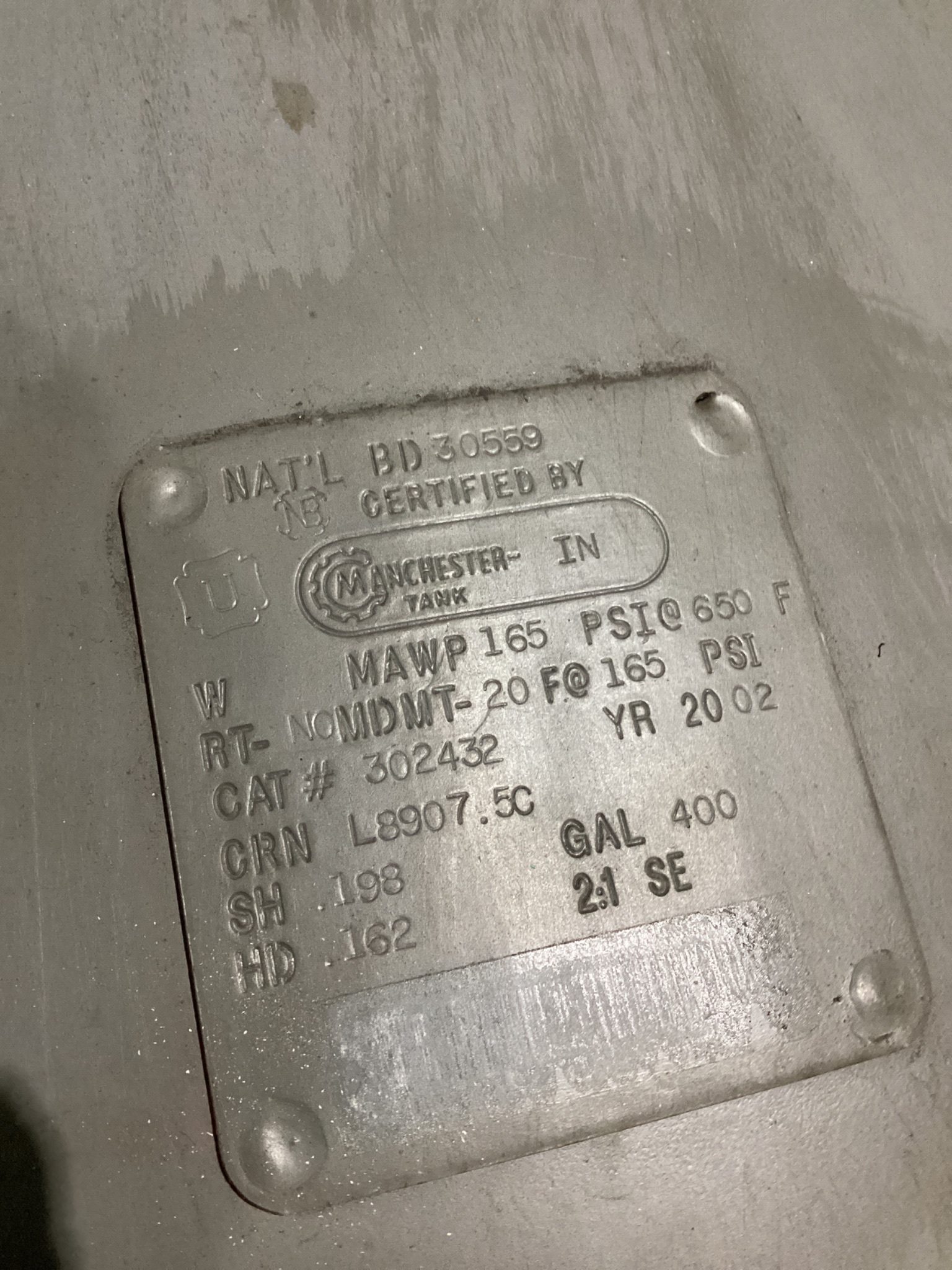MANCHESTER TANK 302432 400 Gallon Pressure Tank USED 3