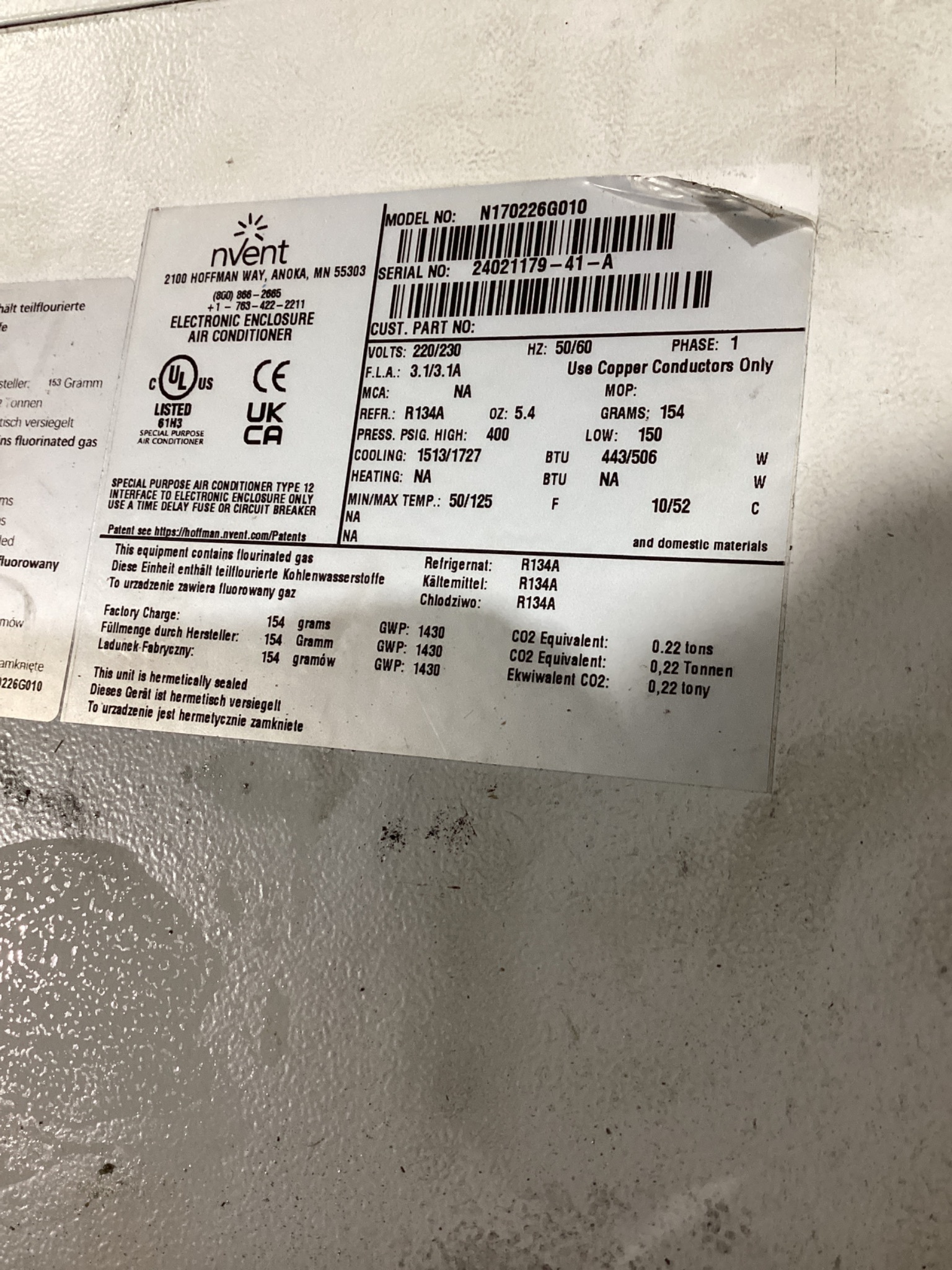 NVENT HOFFMAN N170226G010 ENCLOSURE AIR CONDITIONER USEd 3