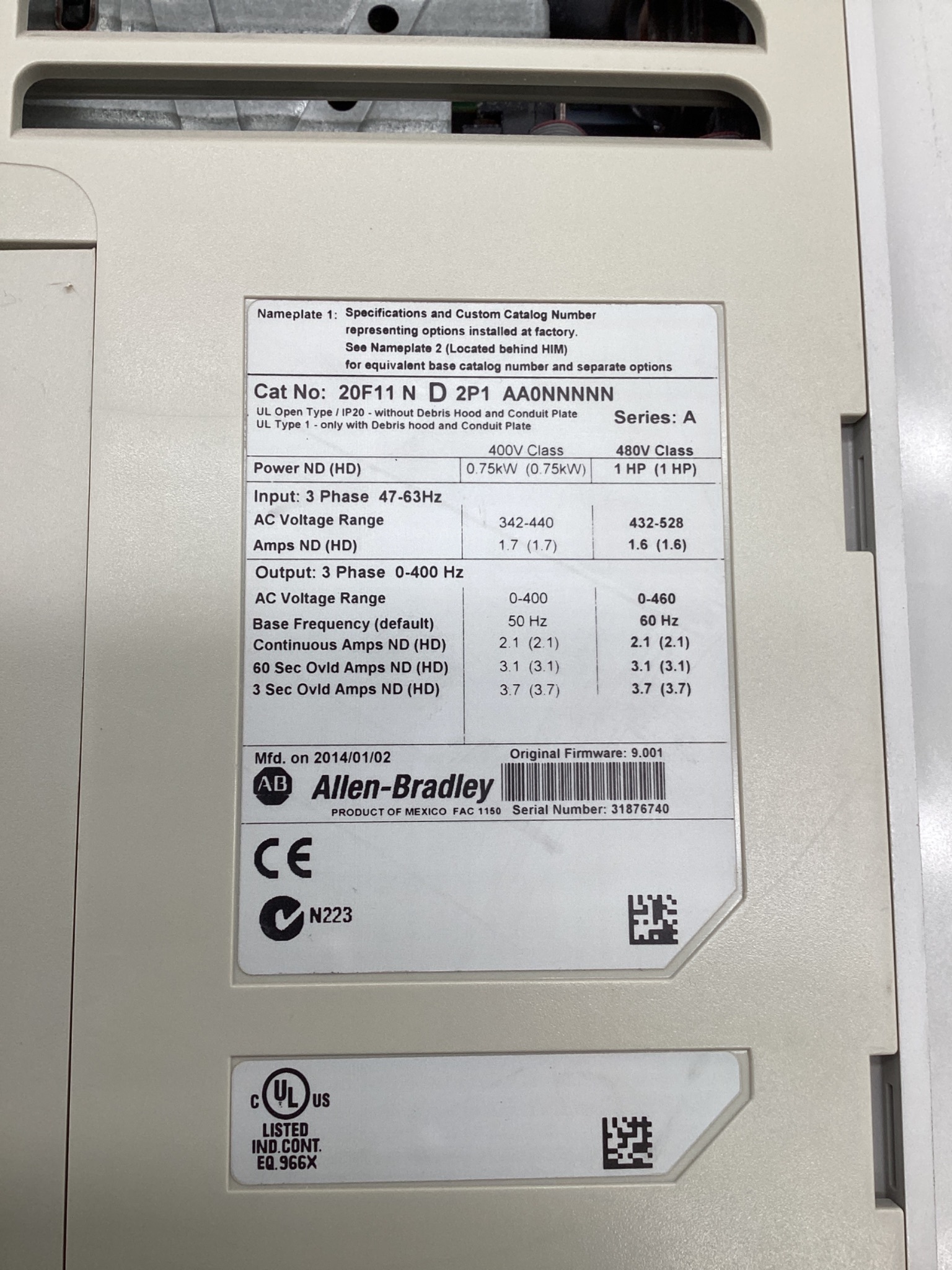 ALLEN-BRADLEY 20F11ND2P1AA0NNNNN PowerFlex 753 AC Drive USED. 5