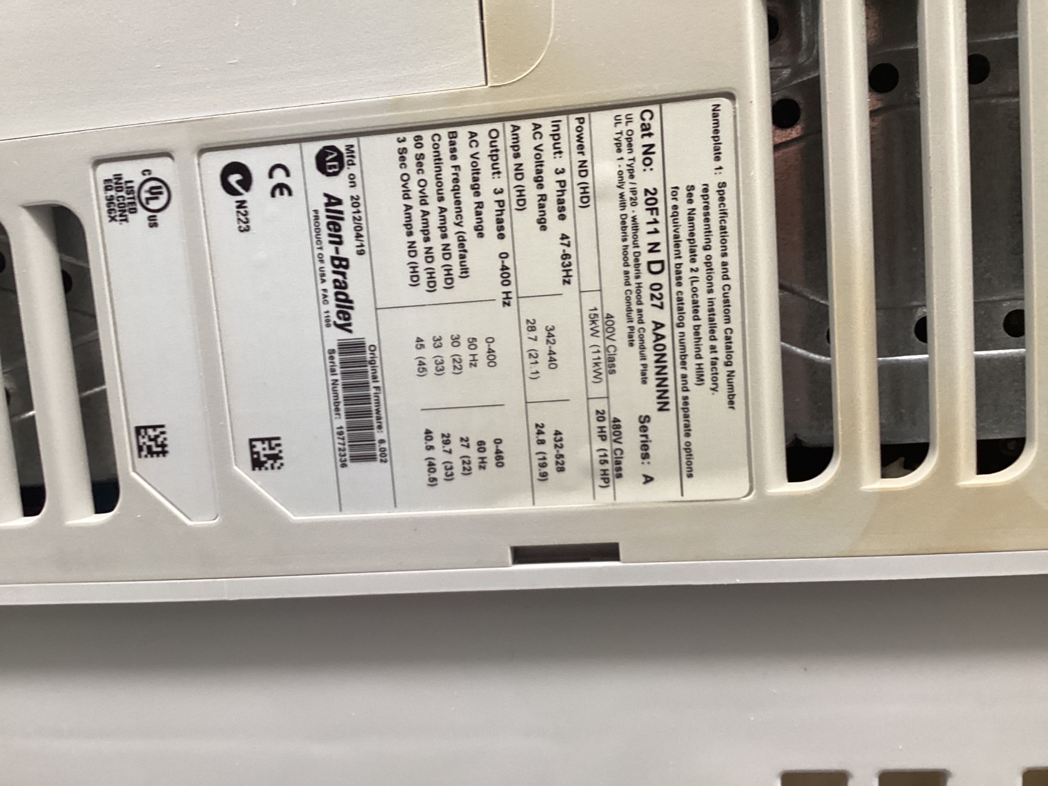 ALLEN-BRADLEY 20F11ND027AA0NNNNN PowerFlex 753 AC Drive USED 4
