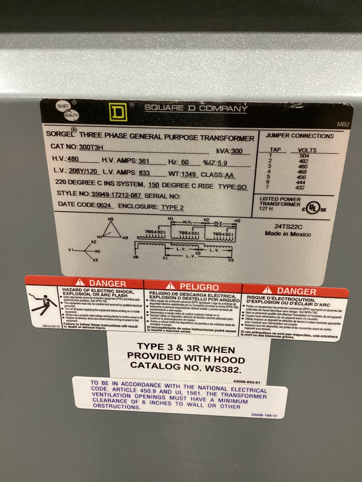 SQUARE D 3000T3H 300kVA Dry-Type Transformer 3PH 480V - 208Y/120V - USED 4