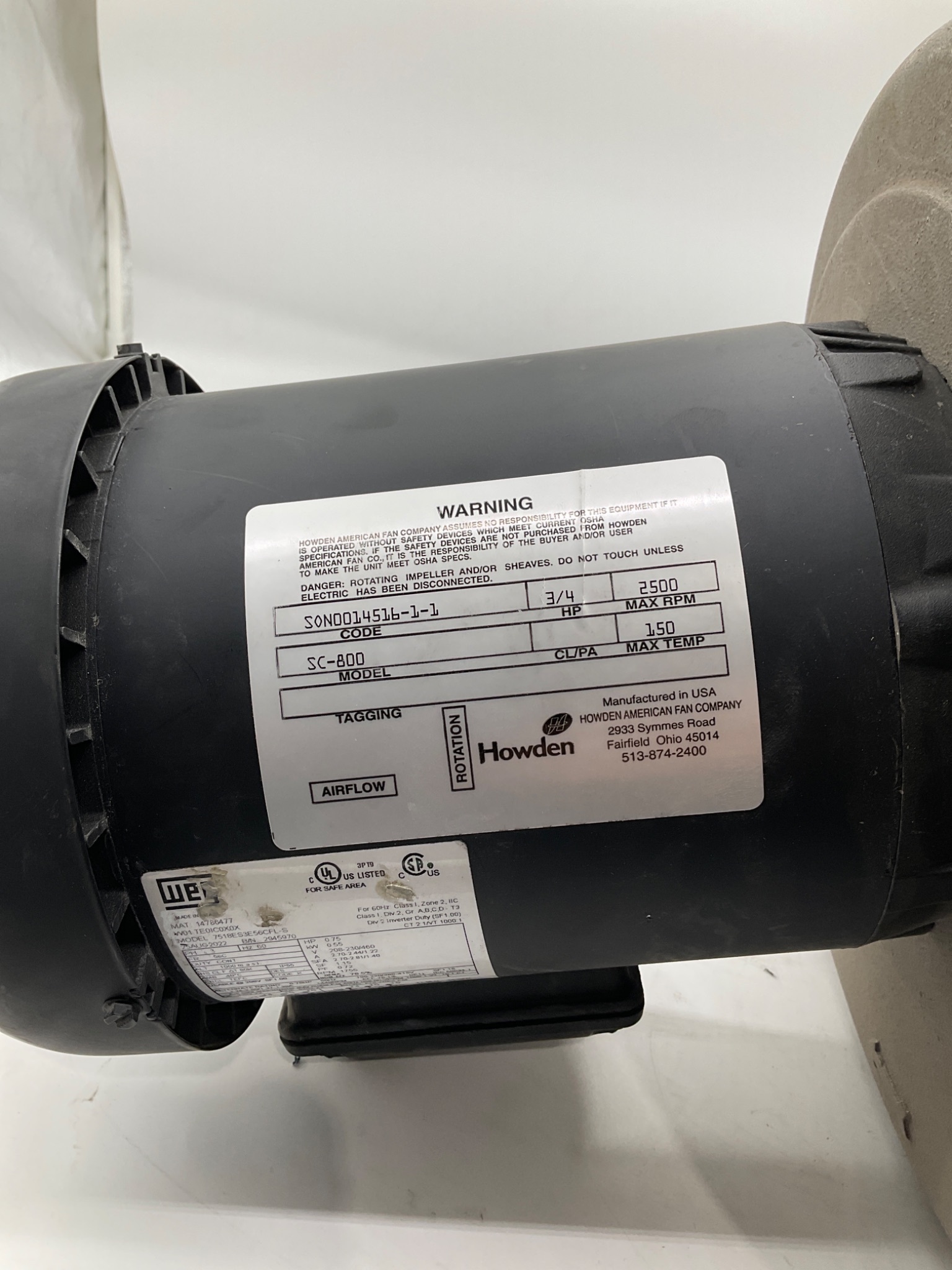 WEG 14786477 0.75 HP Blower Motor USED 3
