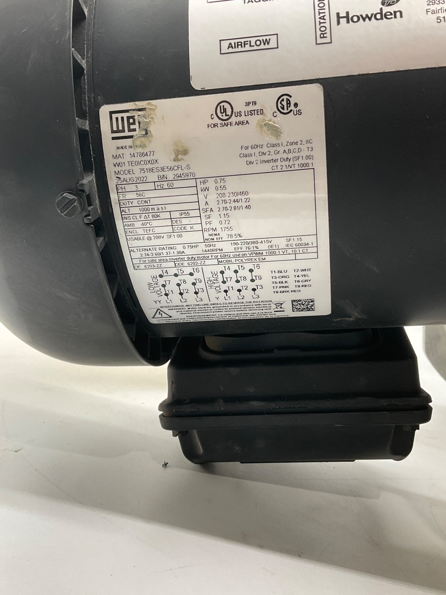 WEG 14786477 0.75 HP Blower Motor USED 4