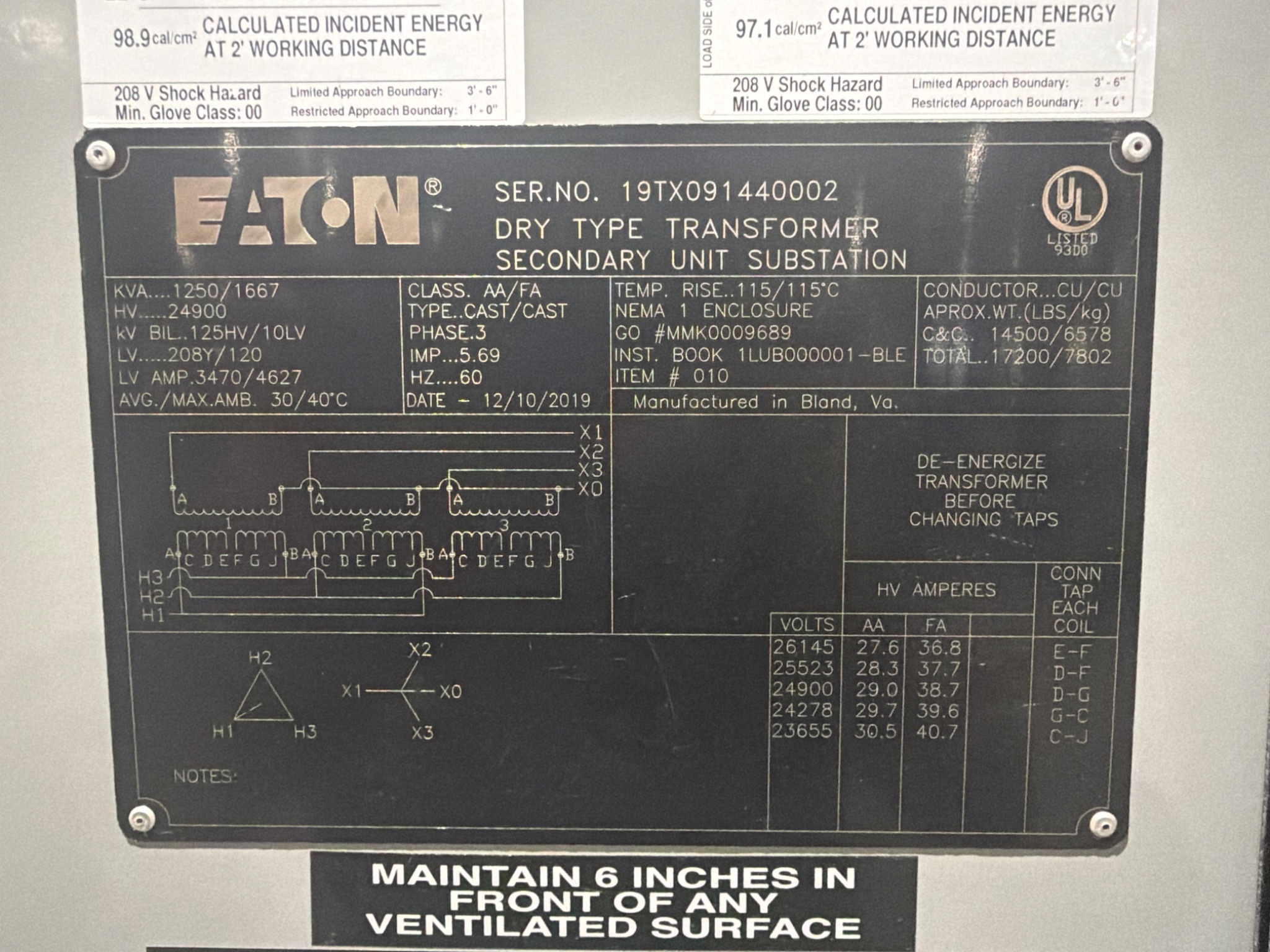 EATON 478C642H31 1250/1667 KVA Unit Substation Transformer NEW 2
