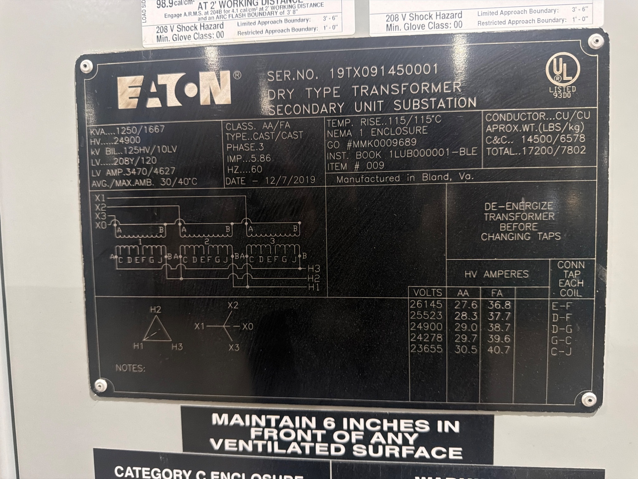 EATON 478C642H31 1250/1667 KVA 24.9kV-208Y/120V Unit Substation Transformer NEW 3