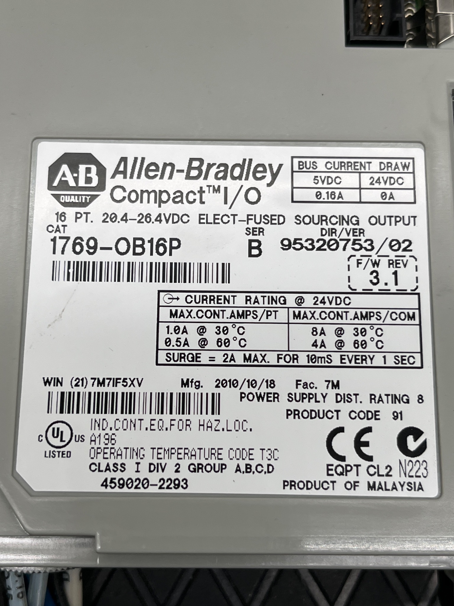 ALLEN-BRADLEY 1769-OB16P Series B Compact I/O Output Module USED 4
