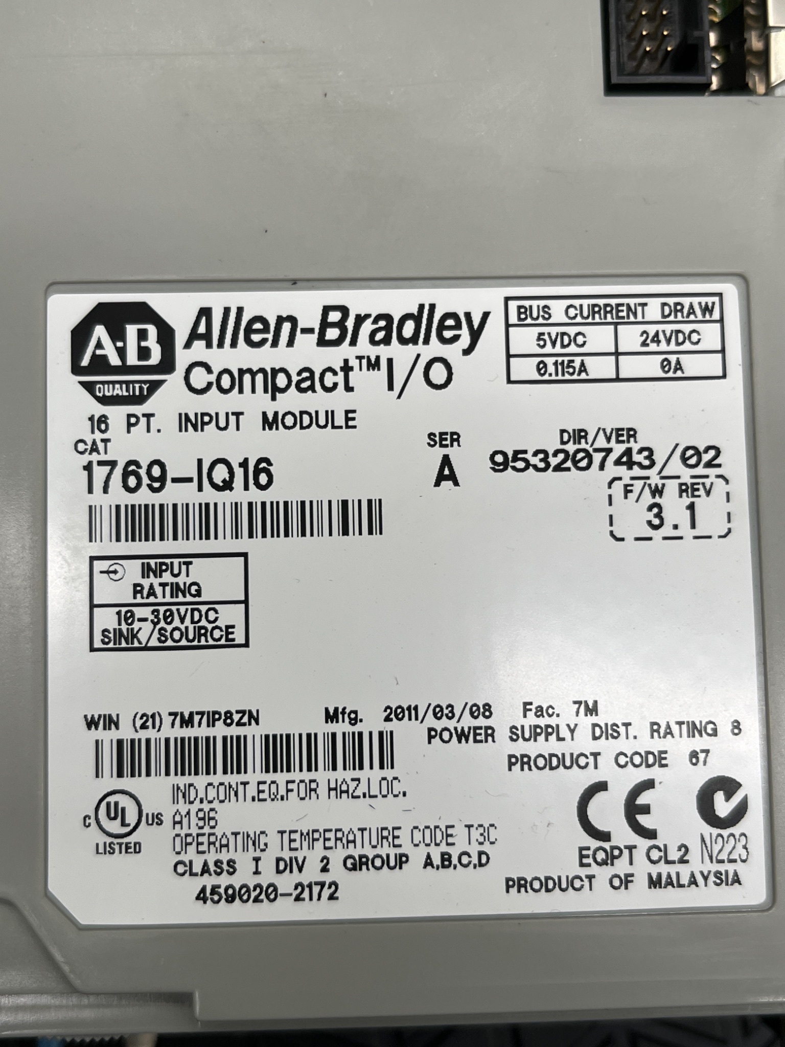 ALLEN-BRADLEY 1769-IQ16 Series A Compact I/O Input Module USED 6