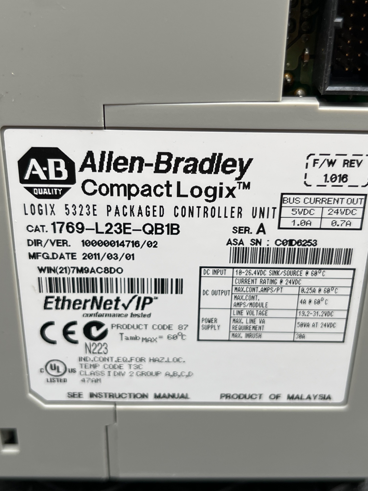 ALLEN-BRADLEY 1769-L23E-QB1B CompactLogix L23E Packaged Controller USED 4