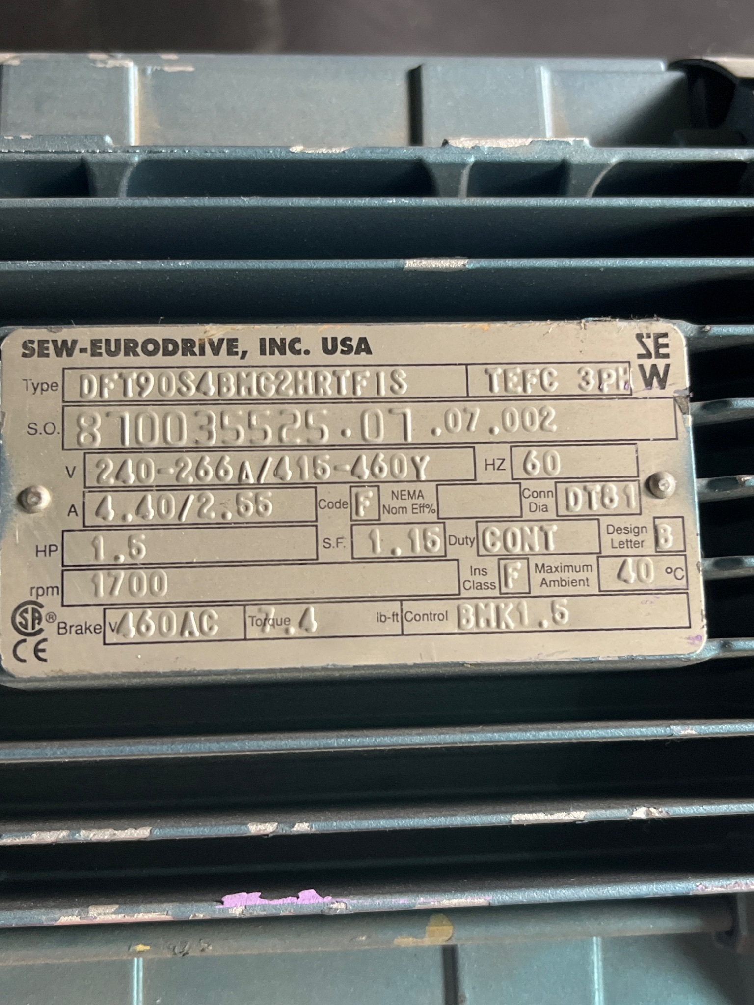 SEW-EURODRIVE DFT90S4BMG2HRTFIS Gearmotor USED 4