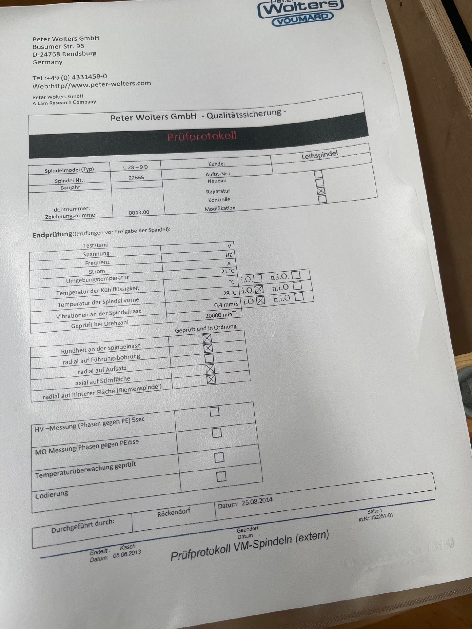 PETER WOLTERS C 28-9D Grinding Spindle 0043.00 USED 6