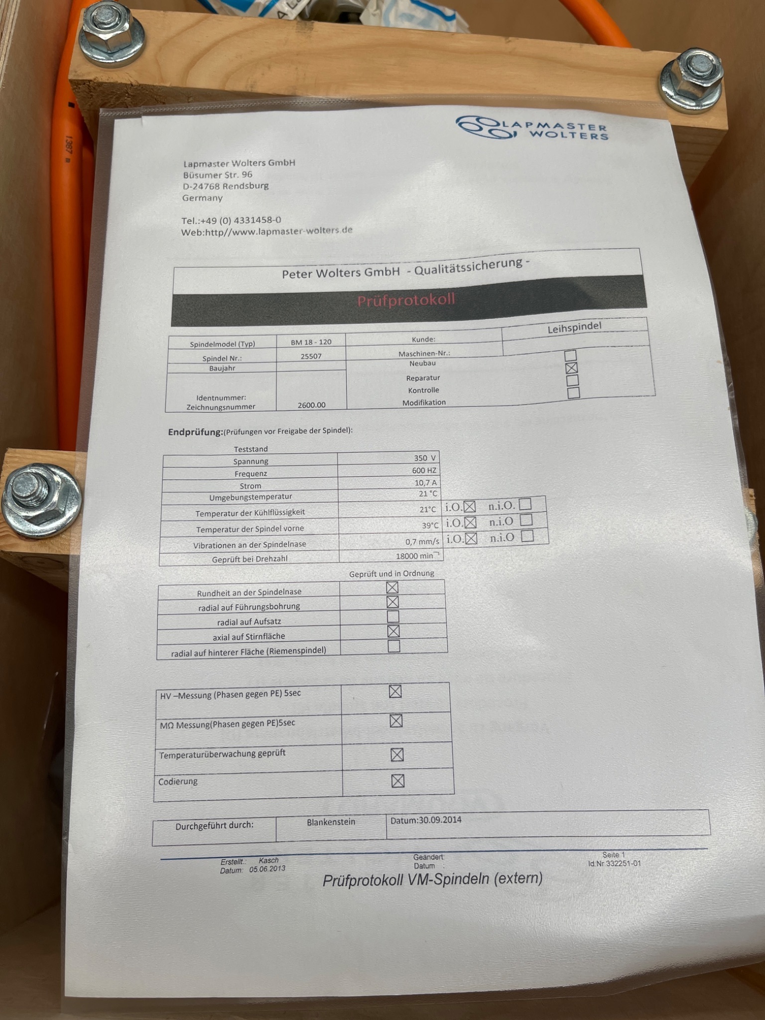 LAPMASTER WOLTERS BM 18-120 Motor Grinding Spindle USED Factory Repaired 8