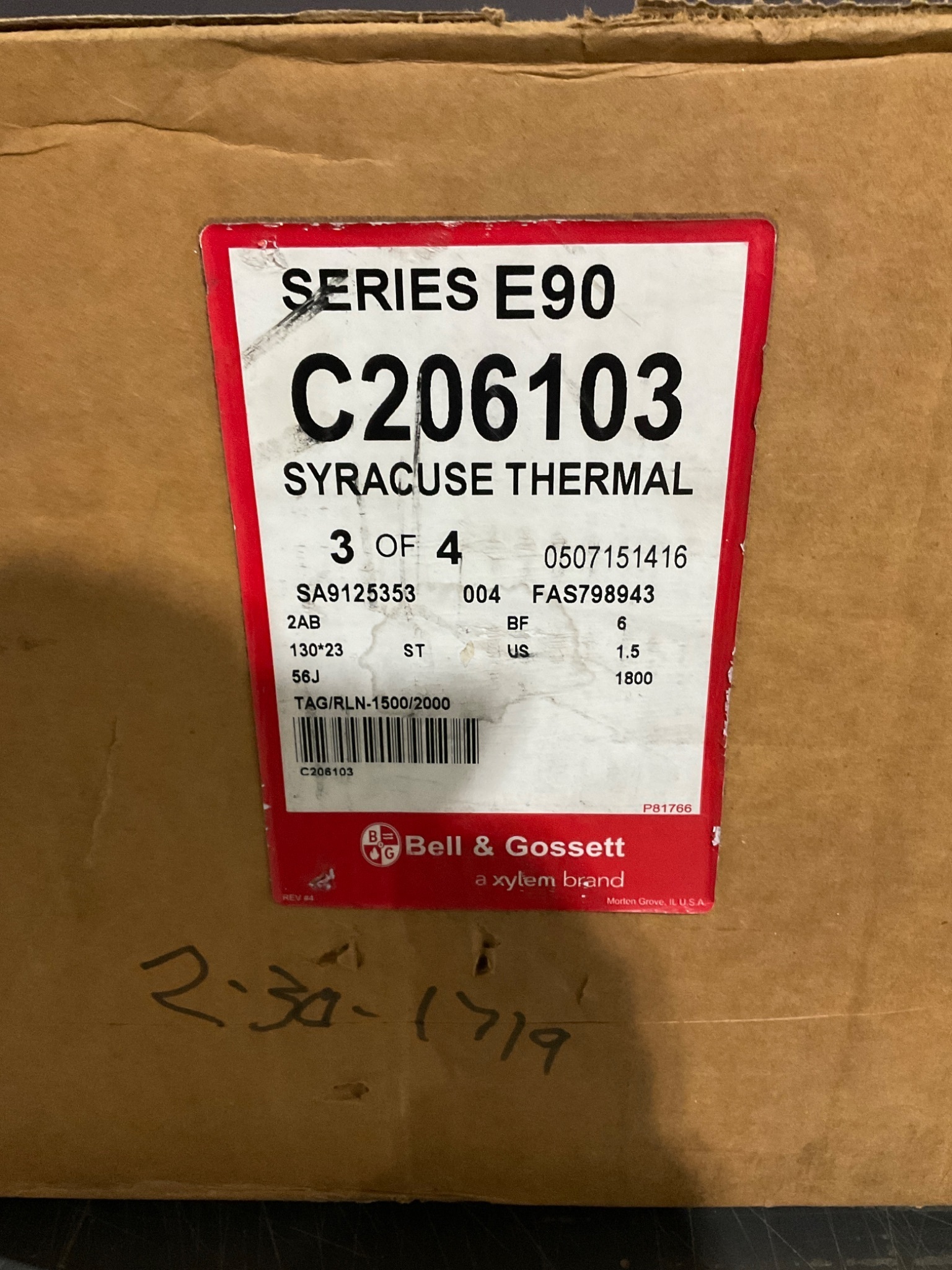 BELL & GOSSETT C206103 SERIES E90 CIRCULATOR PUMP USED 1