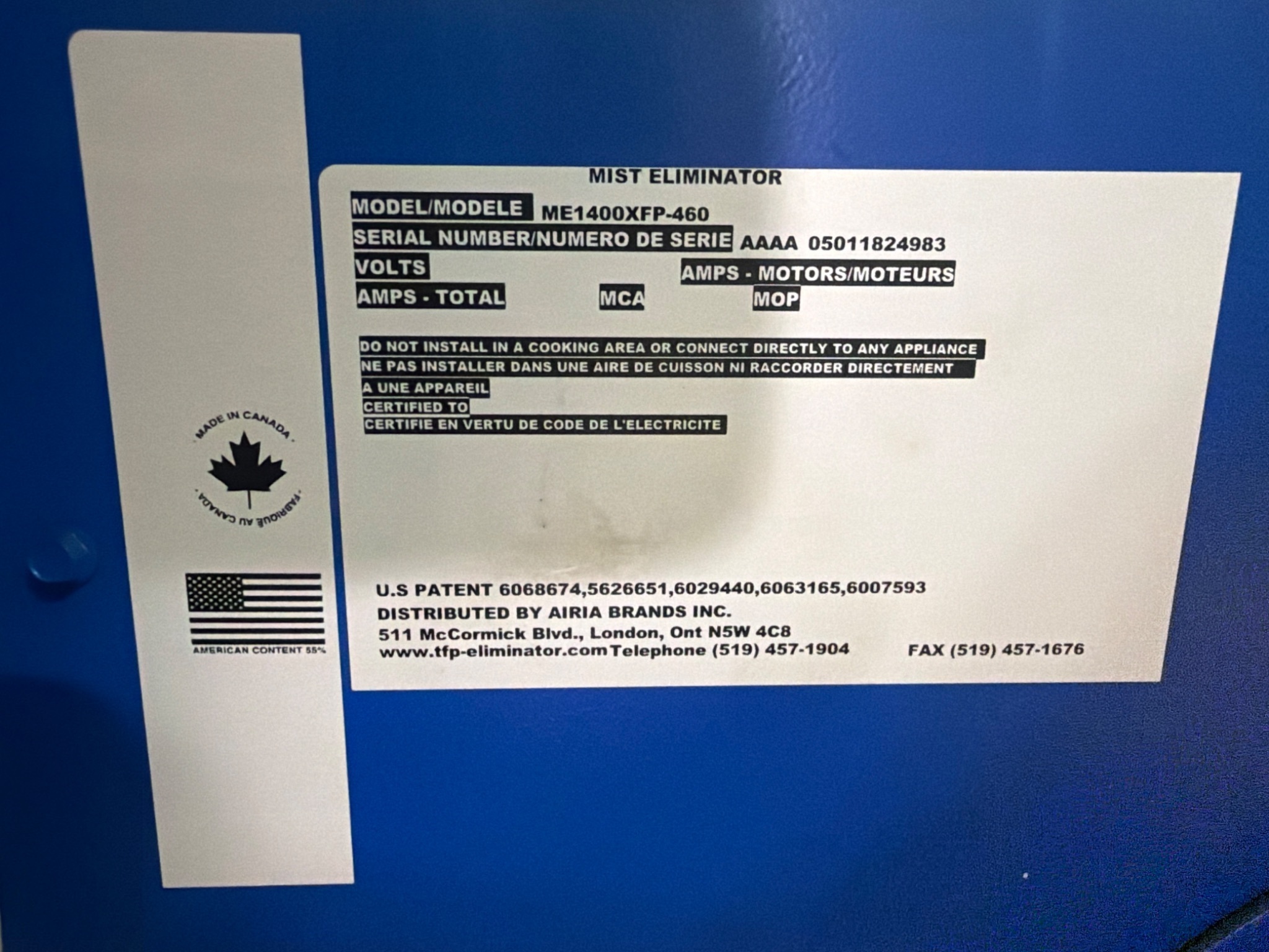 TFP-ELIMINATOR ME1400XFP-460 Oil Mist Eliminator Unit 230/460V 3PH NEW 6