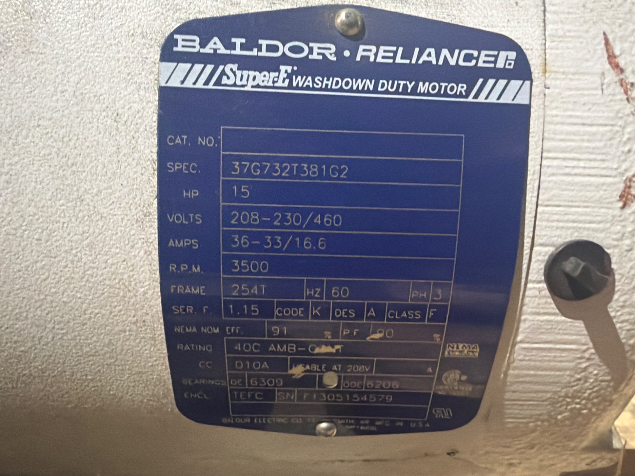 BALDOR RELIANCE 37G732T381G2 Super-E Washdown Duty Motor 15HP 3500RPM 3PH USED 4