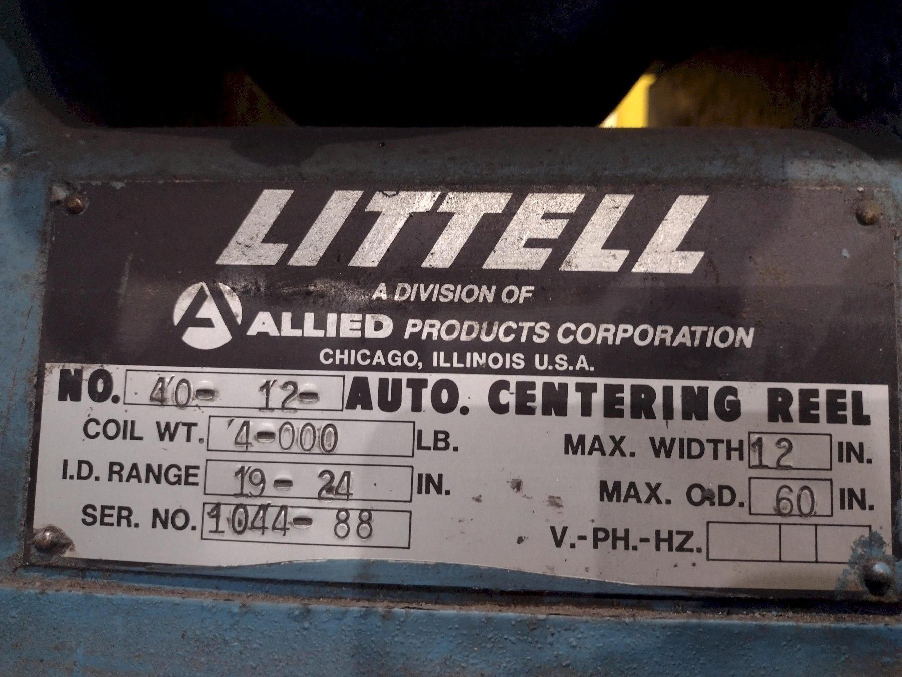 4,000 LBS X 12" LITTELL MODEL #40-12 PULL OFF COIL REEL UNCOILER WITH ELECTRIC BRAKE USED 16
