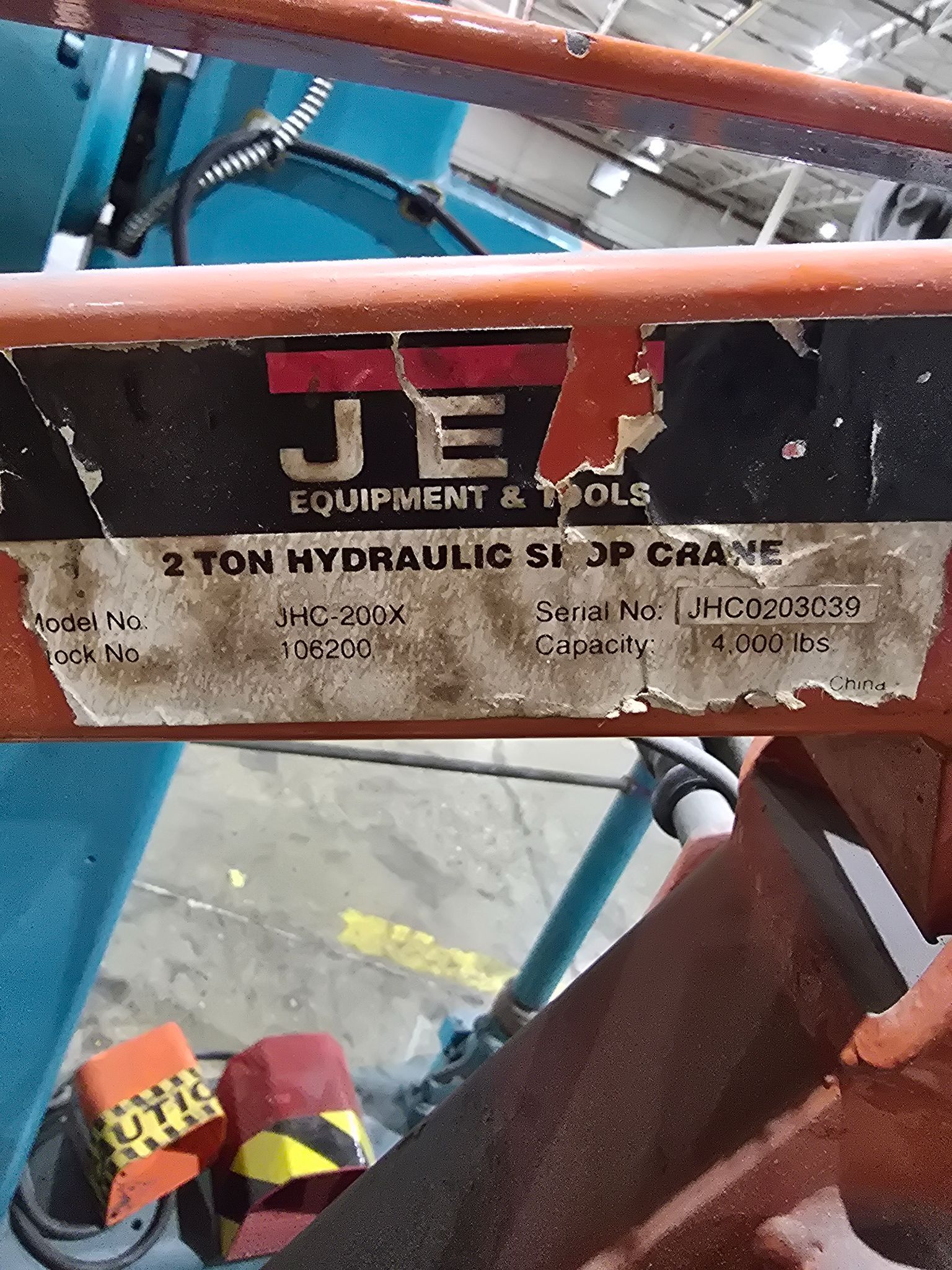 JET JHC-200X 2 Ton Hydraulic Shop Crane USED 6