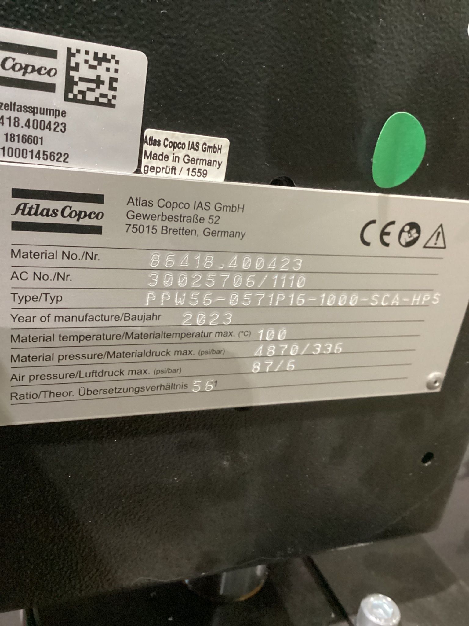 ATLAS COPCO IAS 90903.570140 Drum Unloader W/ PPW56-0571P16-1000-SCA-HPS Pump USED 11