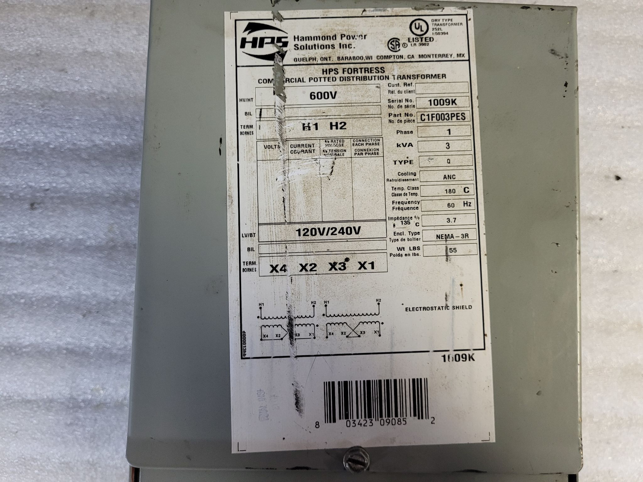HPS C1F003PES Transformer 600V - 120/240V, 1 PH, 3 kVa USED 3