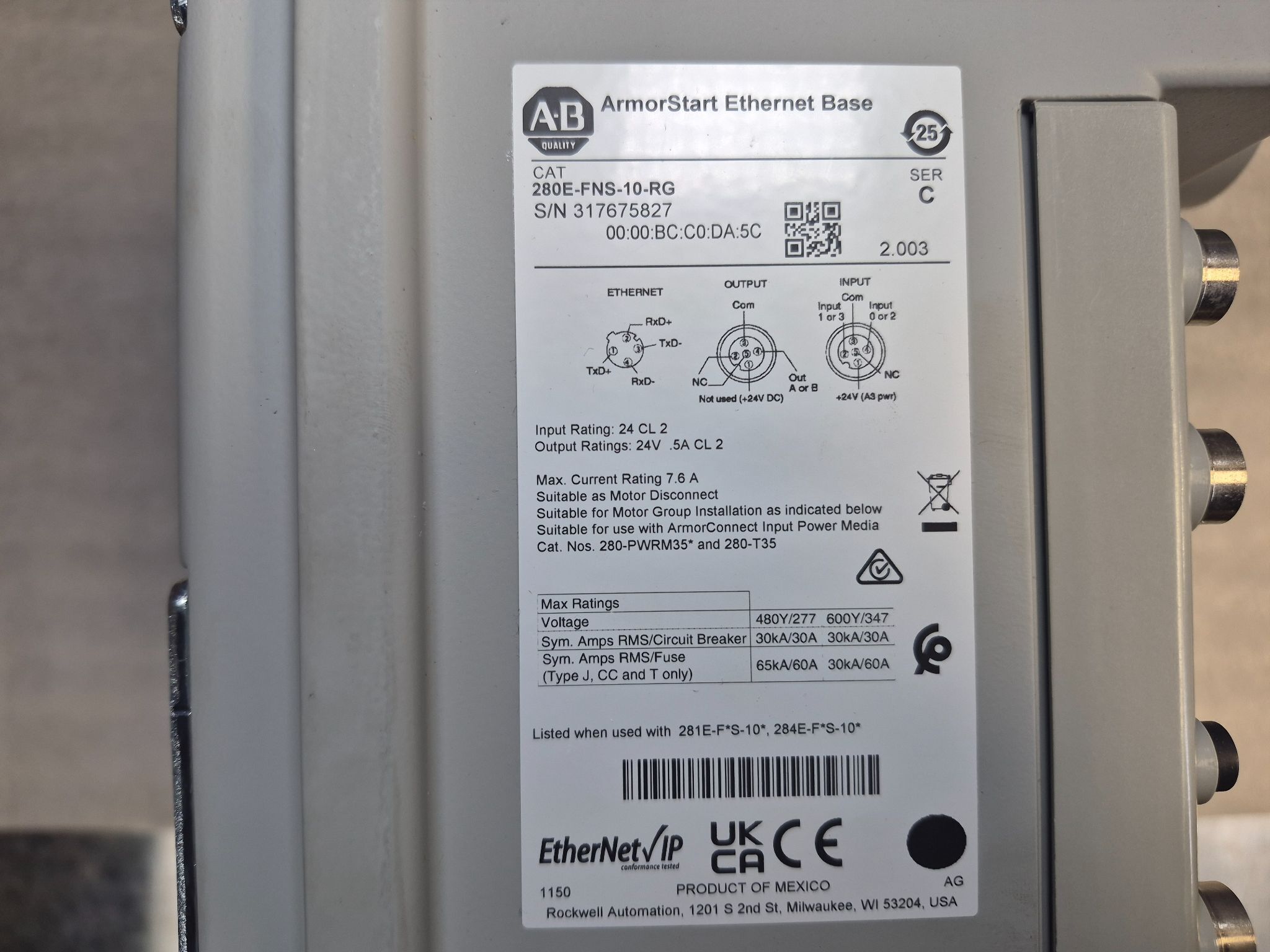 ALLEN BRADLEY 281E-F12S-10B-RRG ArmorStart Safety Combination Starter NEW 5