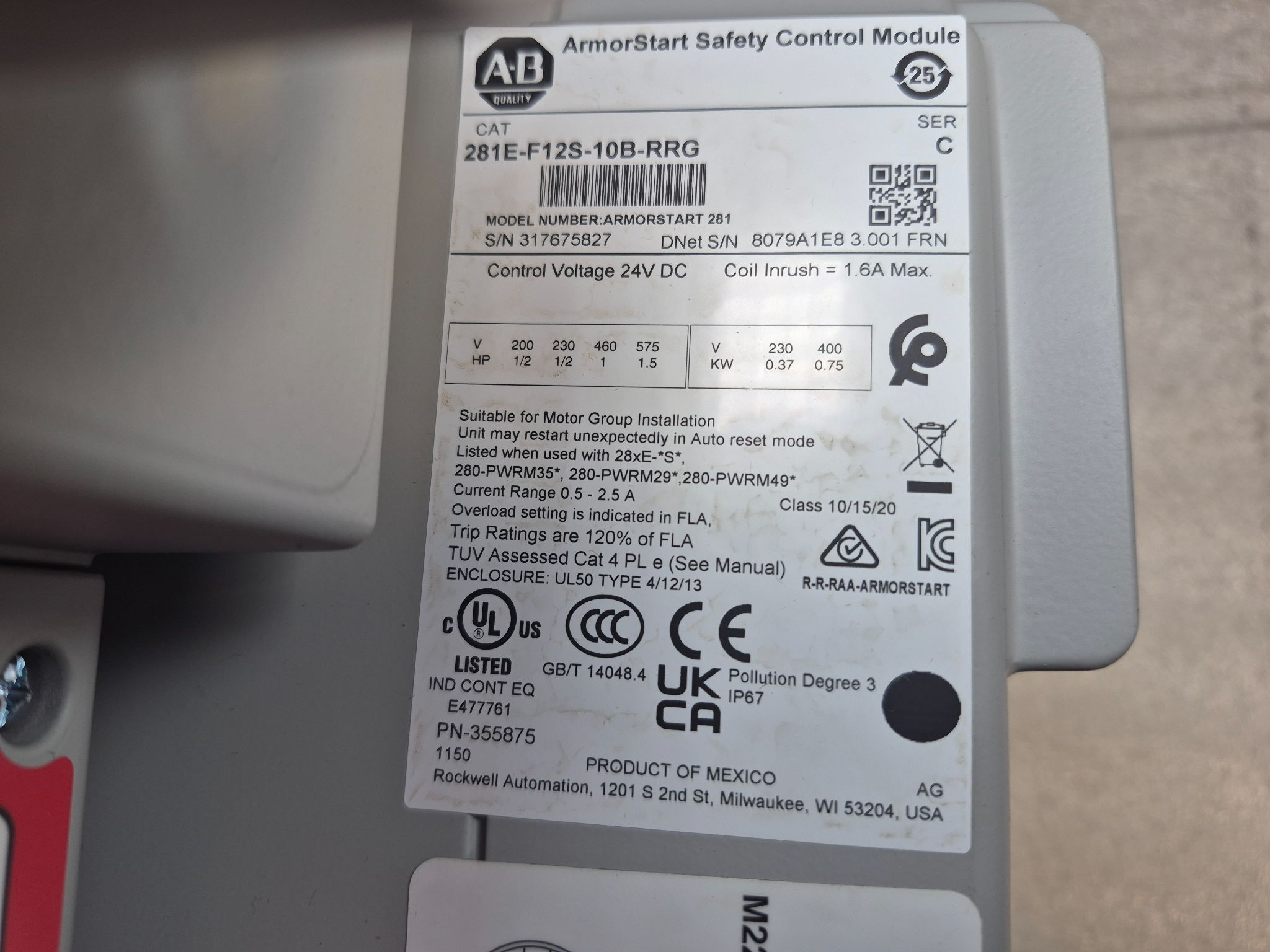 ALLEN BRADLEY 281E-F12S-10B-RRG ArmorStart Safety Combination Starter NEW 6