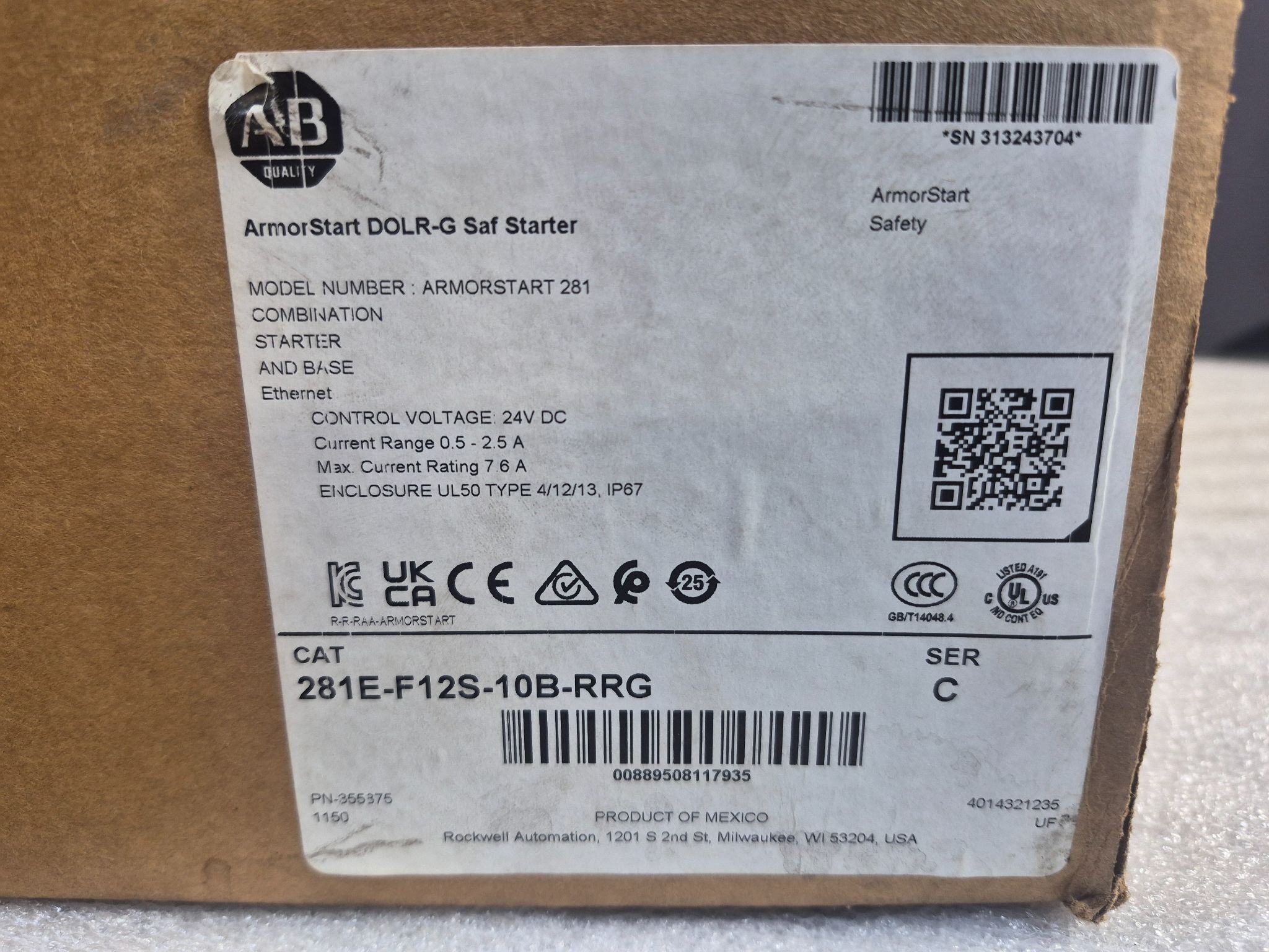ALLEN BRADLEY 281E-F12S-10B-RRG ArmorStart Safety Combination Starter NEW 1