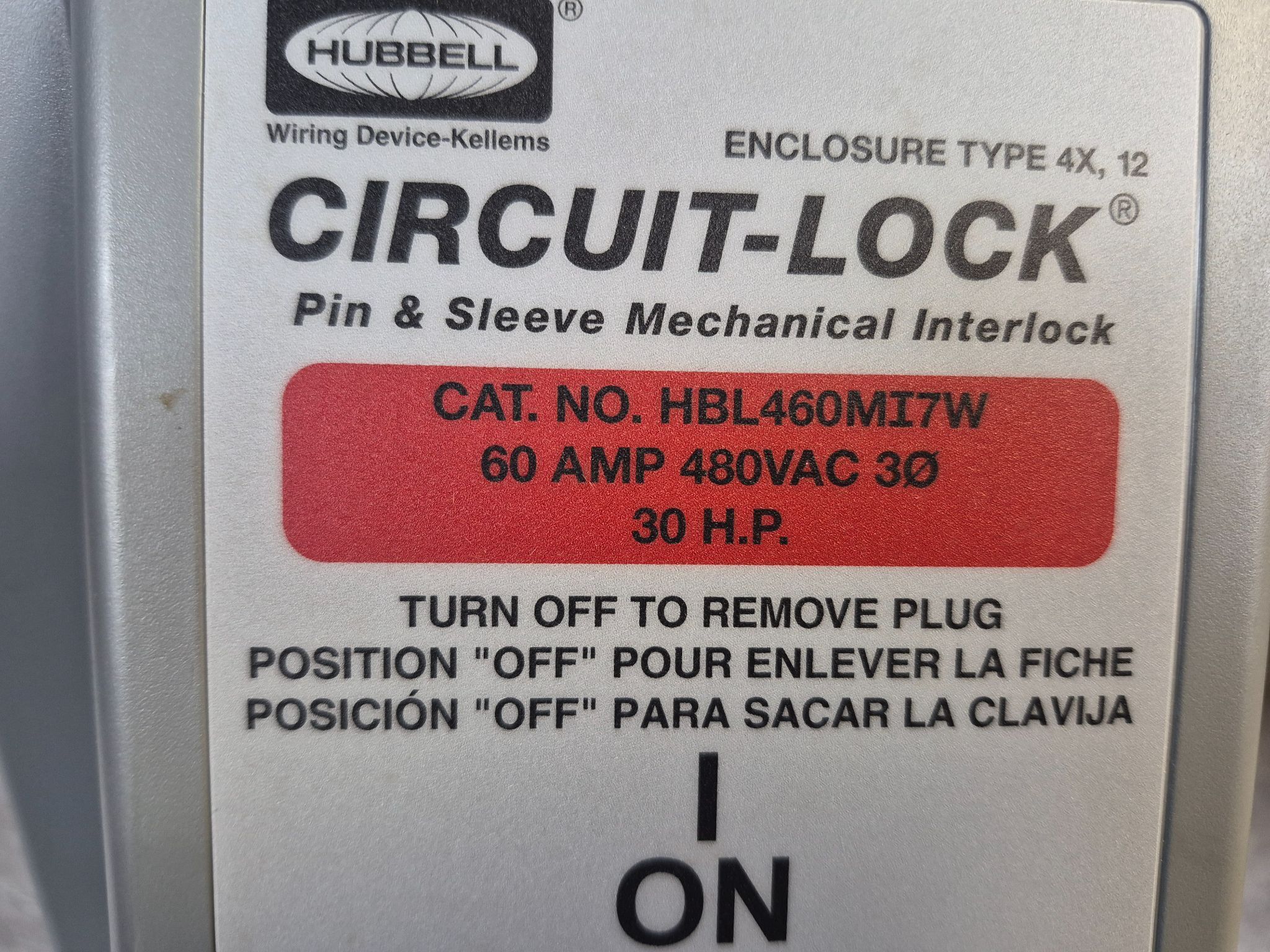 Hubbell HBL460MI7W Pin & Sleeve Mechanical Interlock 60A 480VAC NEW 1