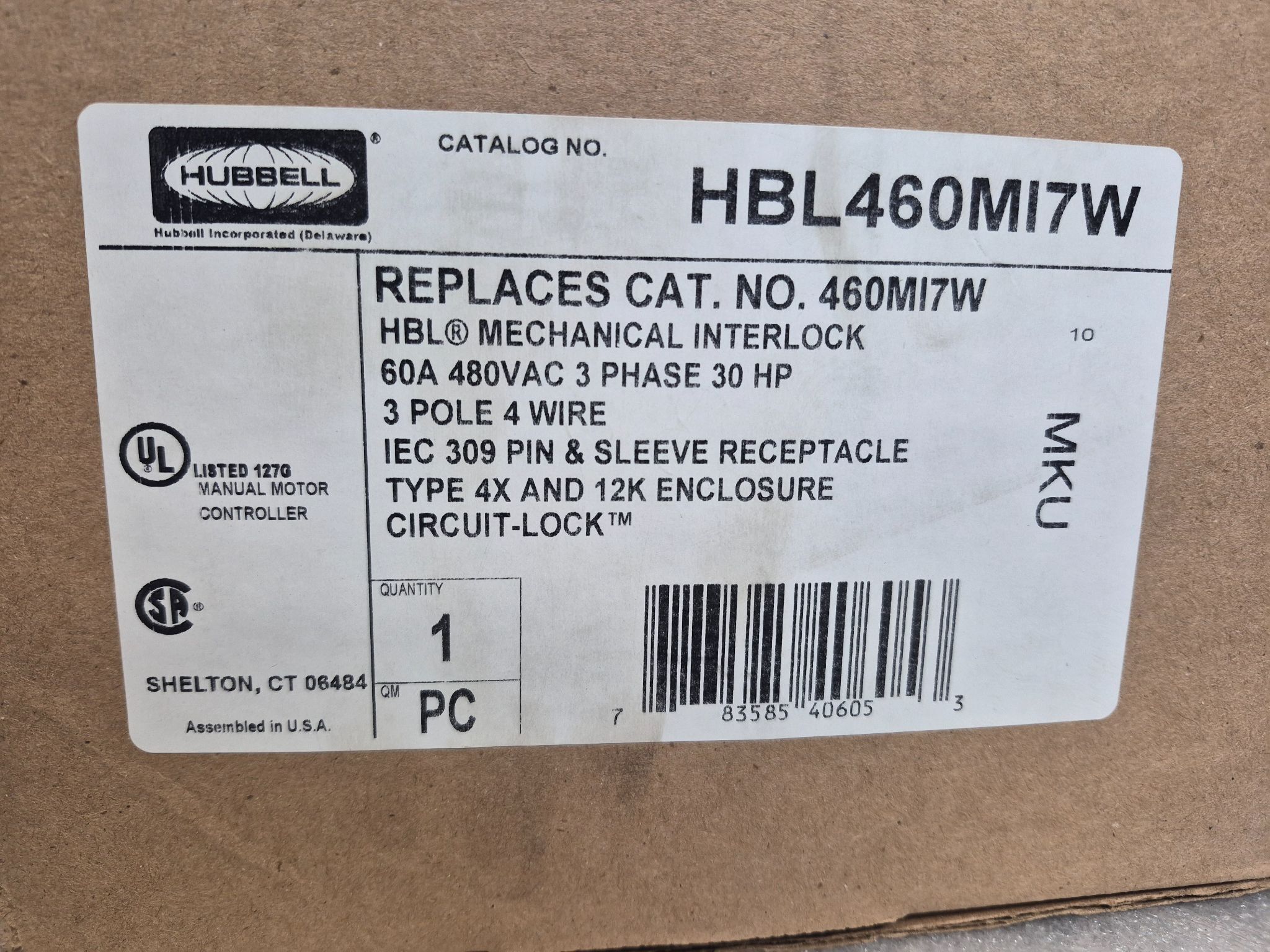 Hubbell HBL460MI7W Pin & Sleeve Mechanical Interlock 60A 480VAC NEW 3