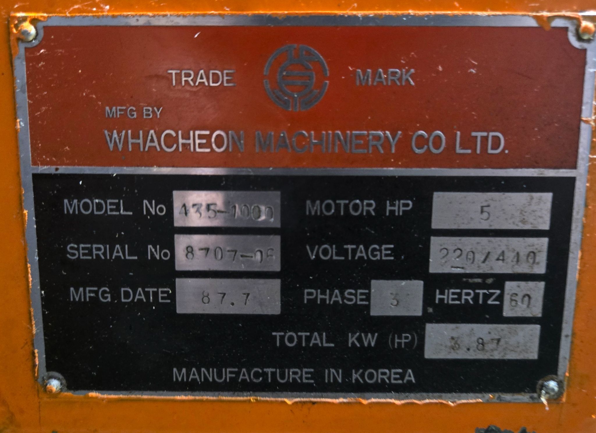 WHACHEON 435-1000 Engine Lathe 5HP 17" x 40" USED 12