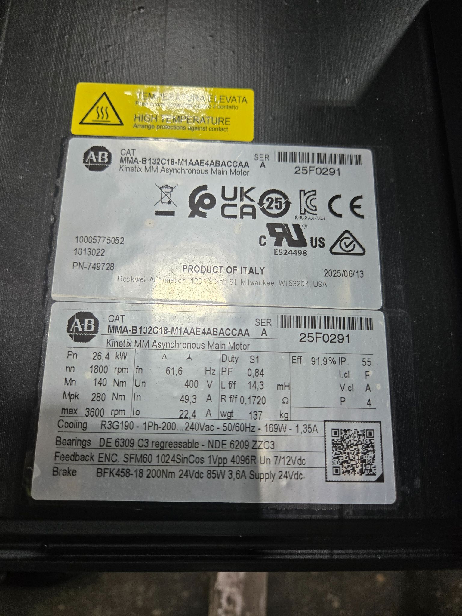 ALLEN-BRADLEY MMA-B132C18-M1AAE4ABACCAA Kinetix MM Asynchronous Main Motor NEW 11
