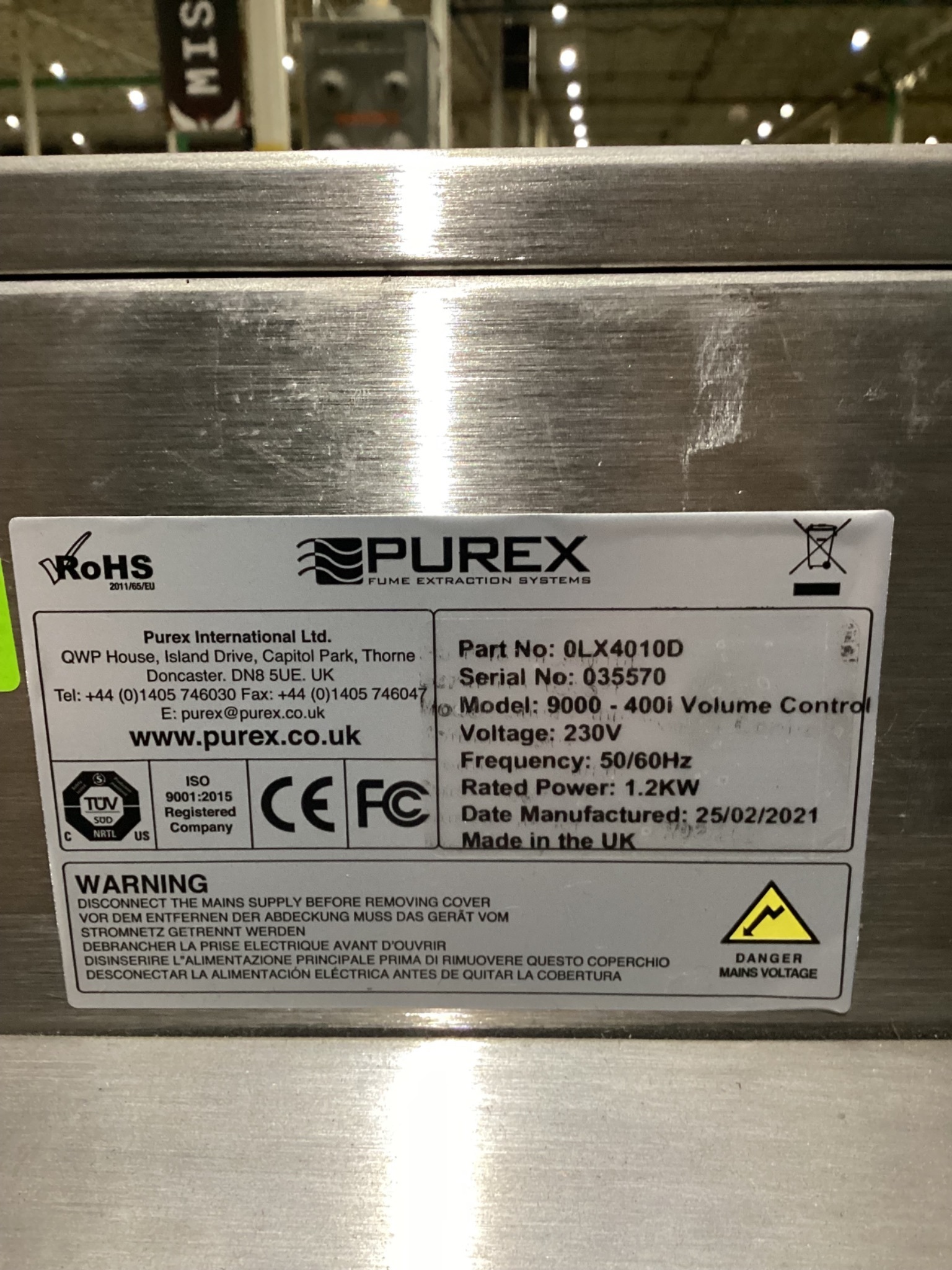 Purex 0LX4010D 9000-400i Volume Control Fume Extraction System USED 4