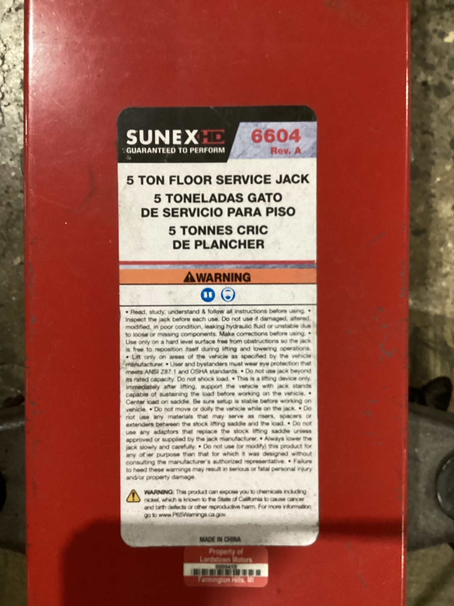 Sunex 6604 5 Ton Floor Service Jack USED 2