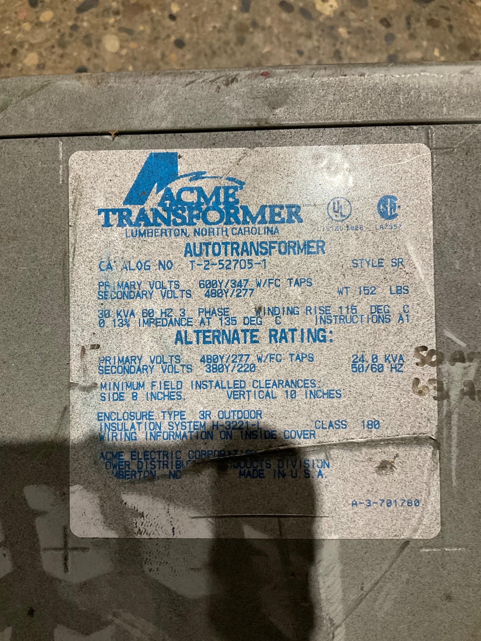 ACME T-2-52705-1 30 KVA Three Phase Autotransformer USED 1