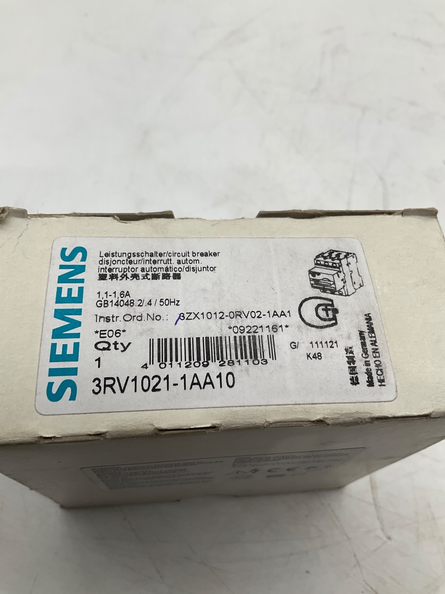 SIEMENS 3RV1021-1AA10 SIRIUS Motor Protection Circuit Breaker 1.1-1.6A NEW 1