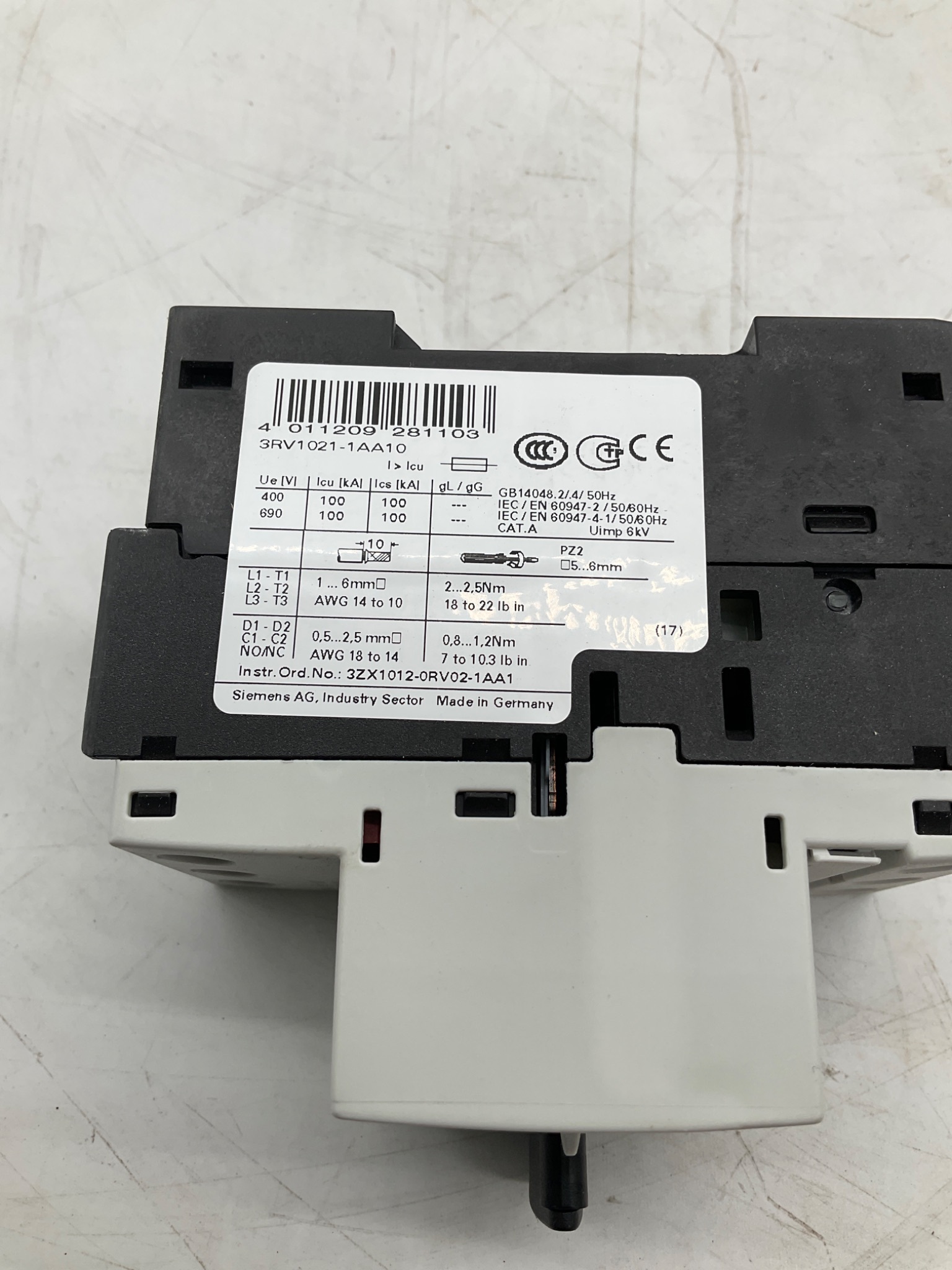SIEMENS 3RV1021-1AA10 SIRIUS Motor Protection Circuit Breaker 1.1-1.6A NEW 3