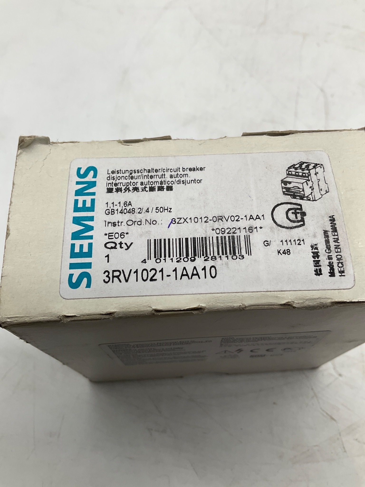 SIEMENS 3RV1021-1AA10 SIRIUS Motor Protection Circuit Breaker 1.1-1.6A NEW 4