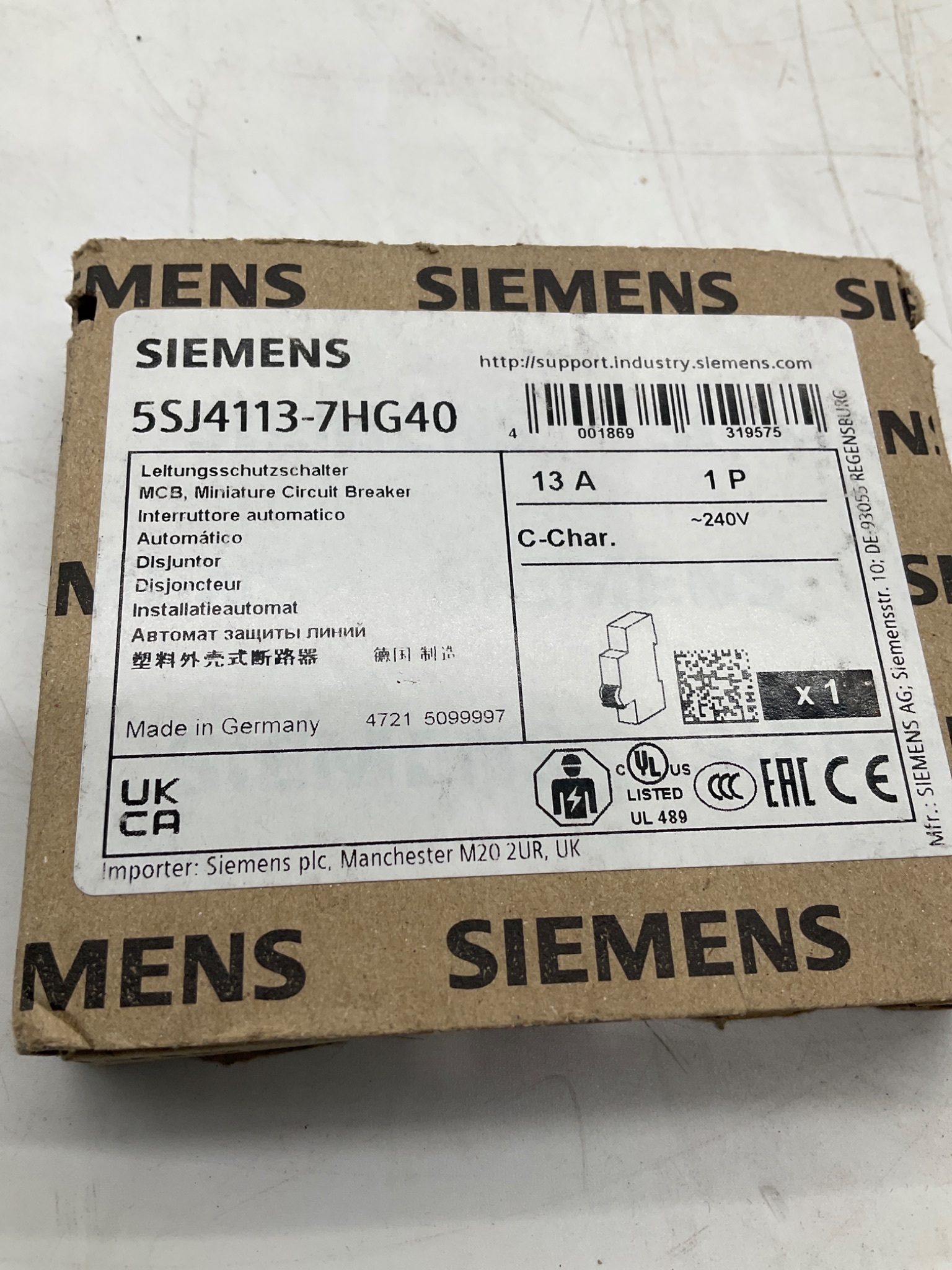 SIEMENS 5SJ4113-7HG40 Miniature Circuit Breaker 13A 1-Pole C Curve NEW 3