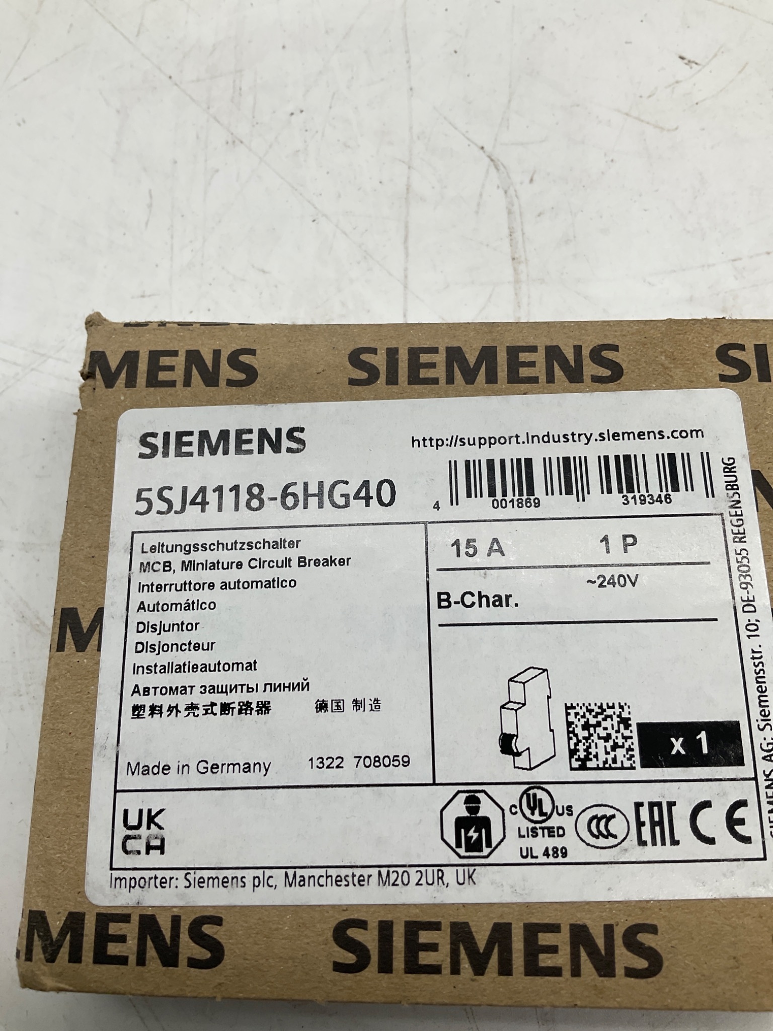 SIEMENS 5SJ4118-6HG40 Miniature Circuit Breaker 15A 1-Pole B Curve NEW 1