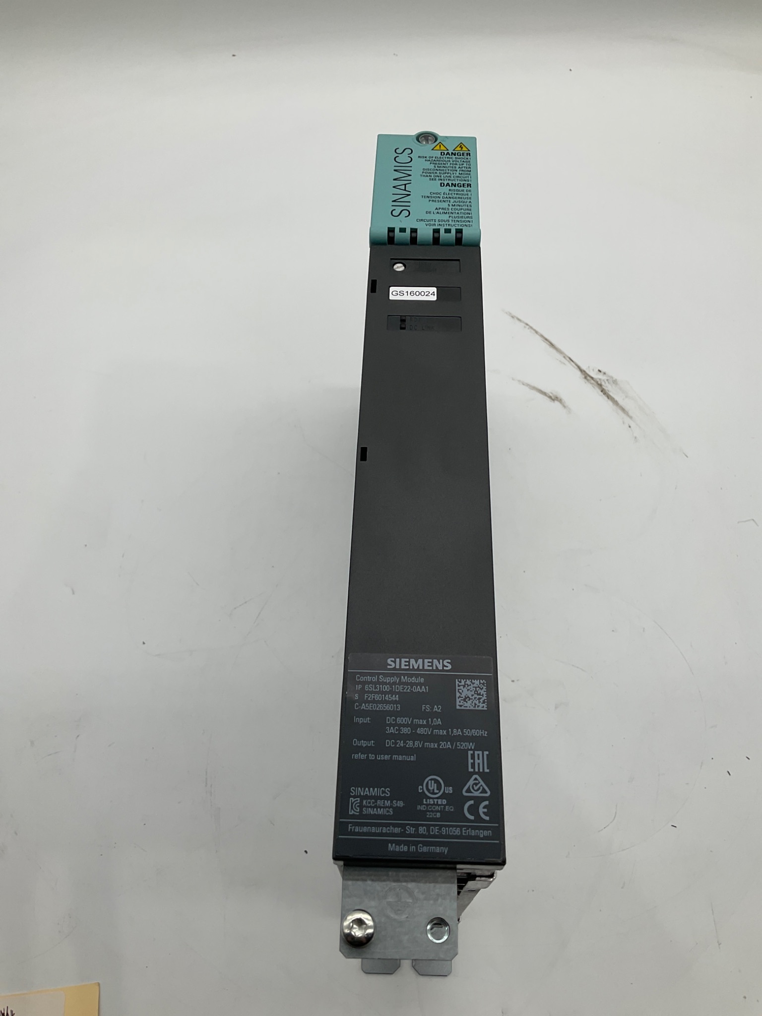SIEMENS 6SL3100-1DE22-0AA1 SINAMICS Control Supply Module USED 0