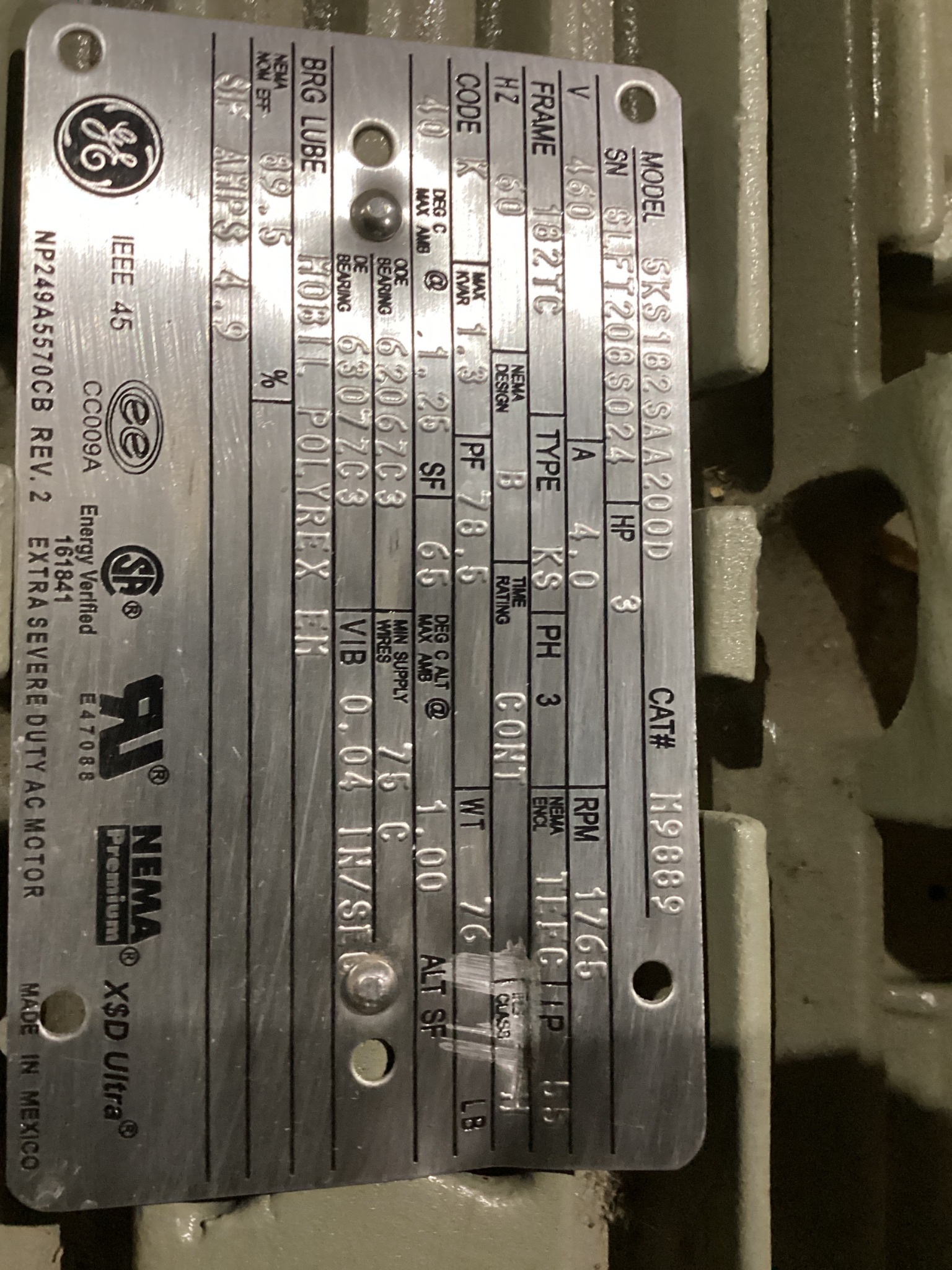 GENERAL ELECTRIC 5KS182SAA200D 3HP Severe Duty AC Motor 1765 RPM NEW 3