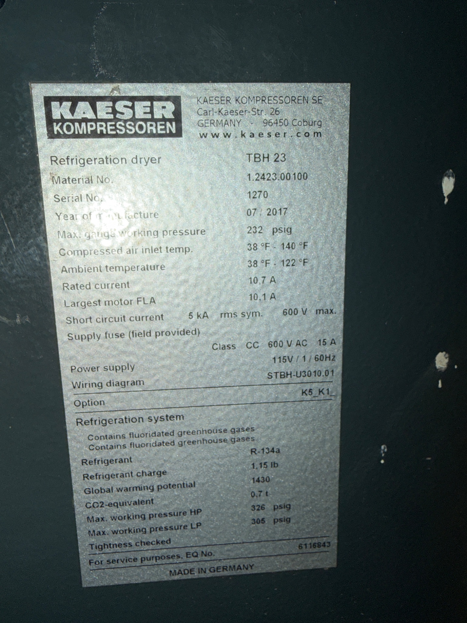 2017 KAESER TBH 23 KRYOSEC Refrigeration Dryer USED 3