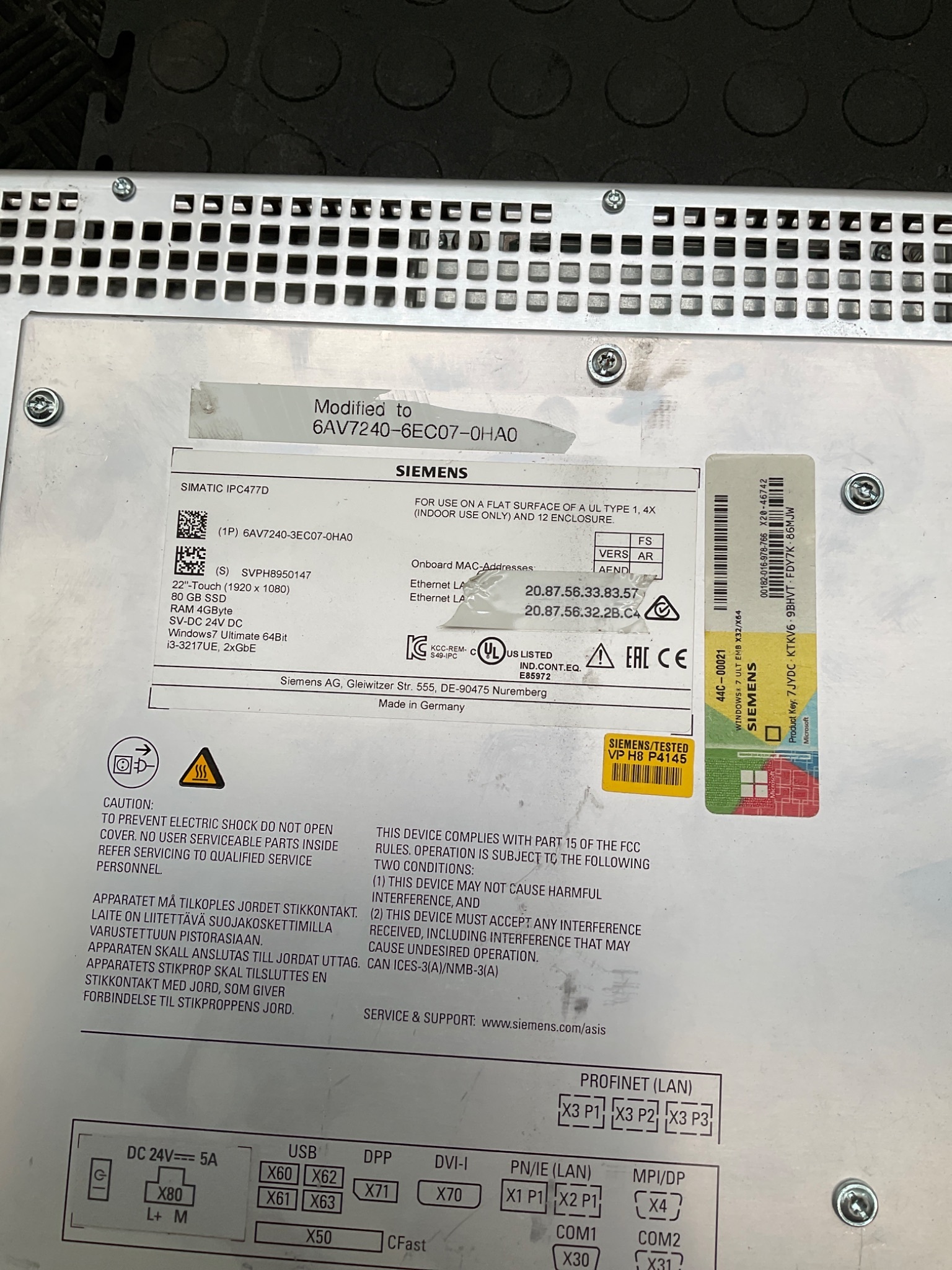 SIEMENS 6AV7240‑3EC07‑0HA0 SIMATIC IPC477D 22" Touch Panel USED 3