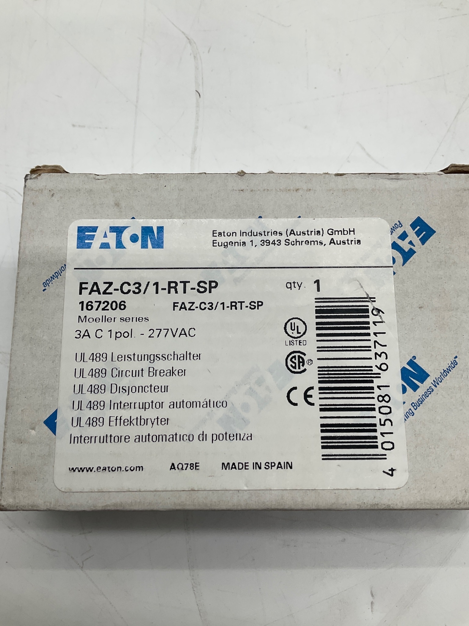 Eaton FAZ-C3/1-RT-SP Miniature Circuit Breaker 3A 1-Pole NEW 1